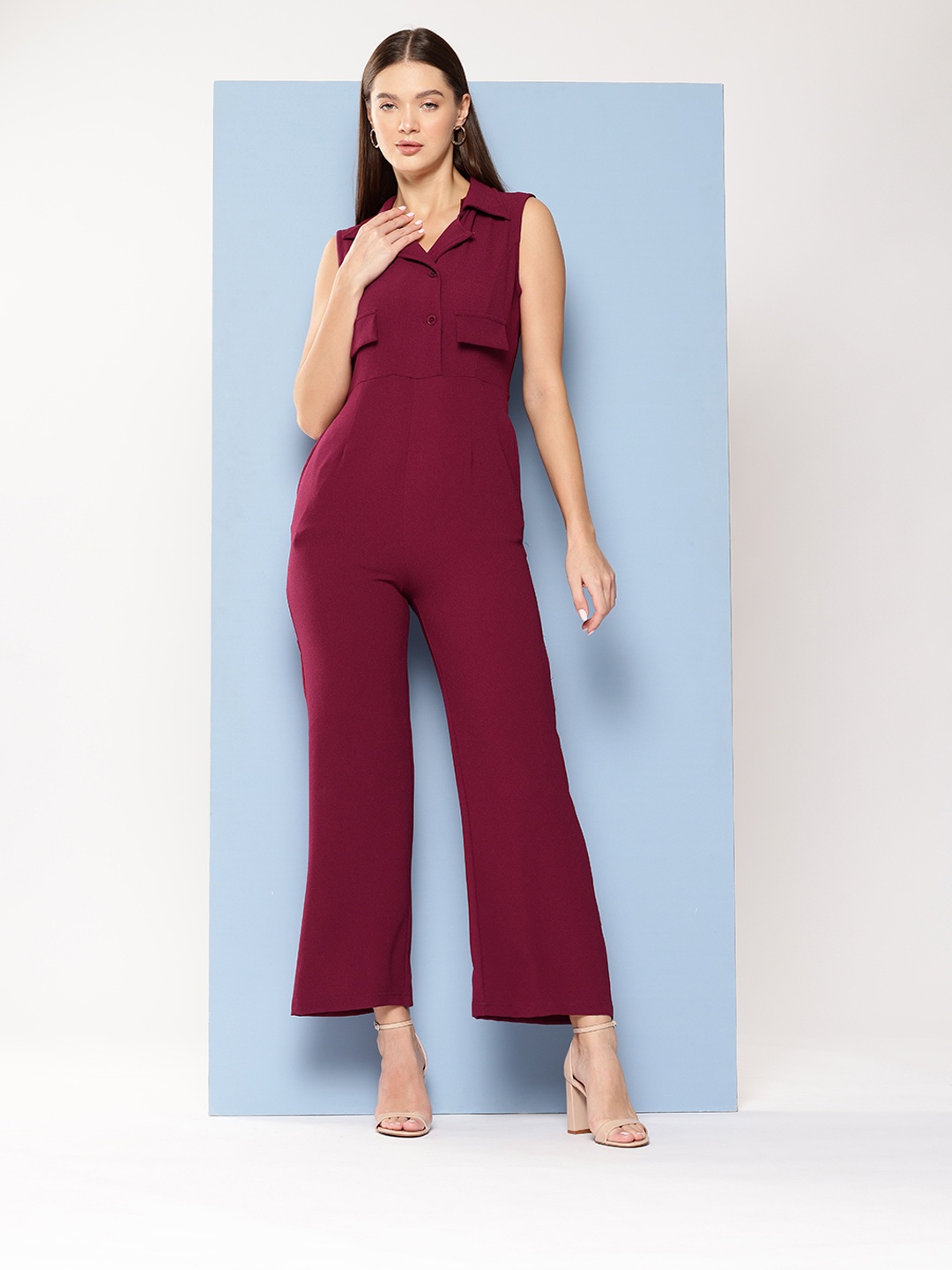

Chemistry Cuban Collar Basic Jumpsuit, Burgundy
