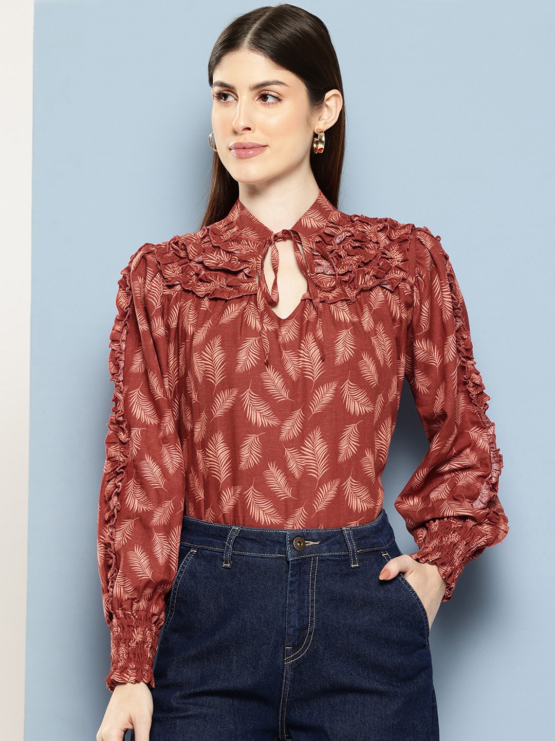 

Chemistry Print Tie-Up Neck Puff Sleeves Frill Detail Smocked Top, Rust