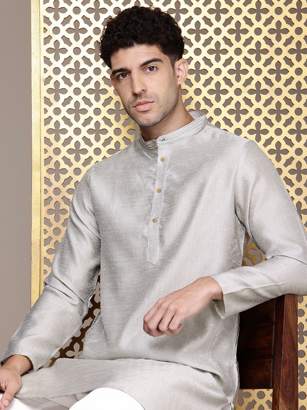 

House of Pataudi Self-Design Geometric Band Collar Jashn Kurta with Churidar, Grey