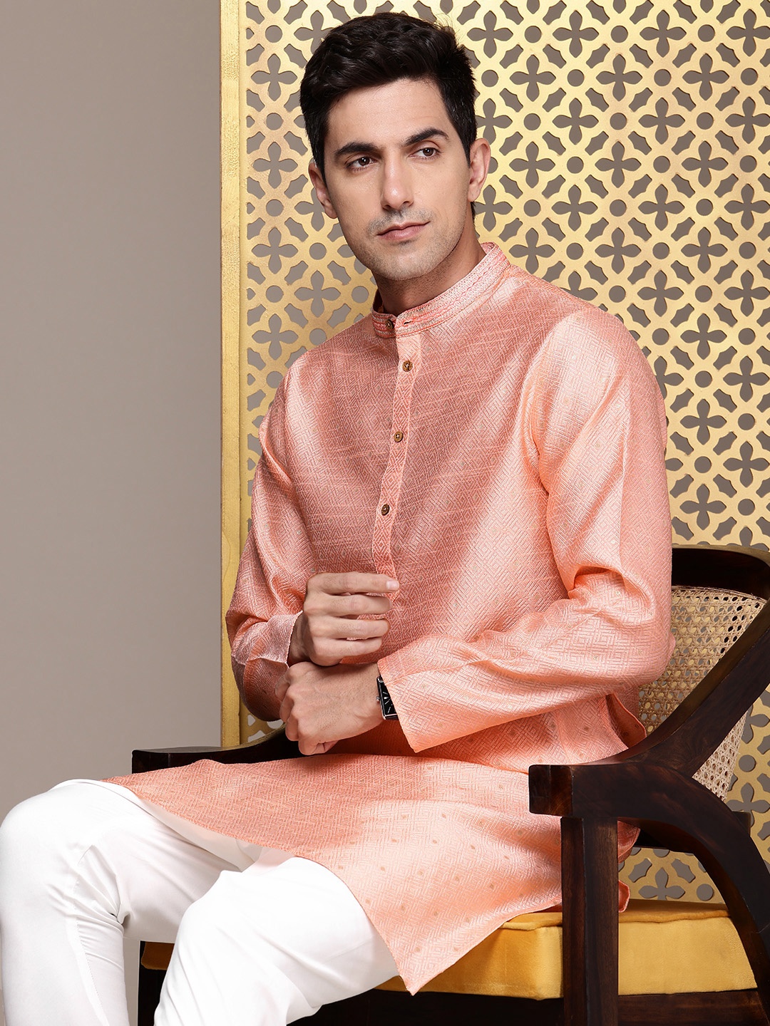 

House of Pataudi Self-Design Geometric Band Collar Jashn Kurta with Churidar, Peach