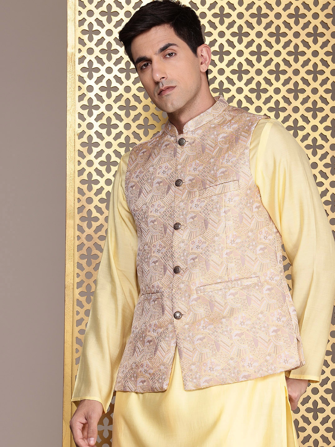 

House of Pataudi Jashn Kurta Set with Nehru Jacket, Yellow