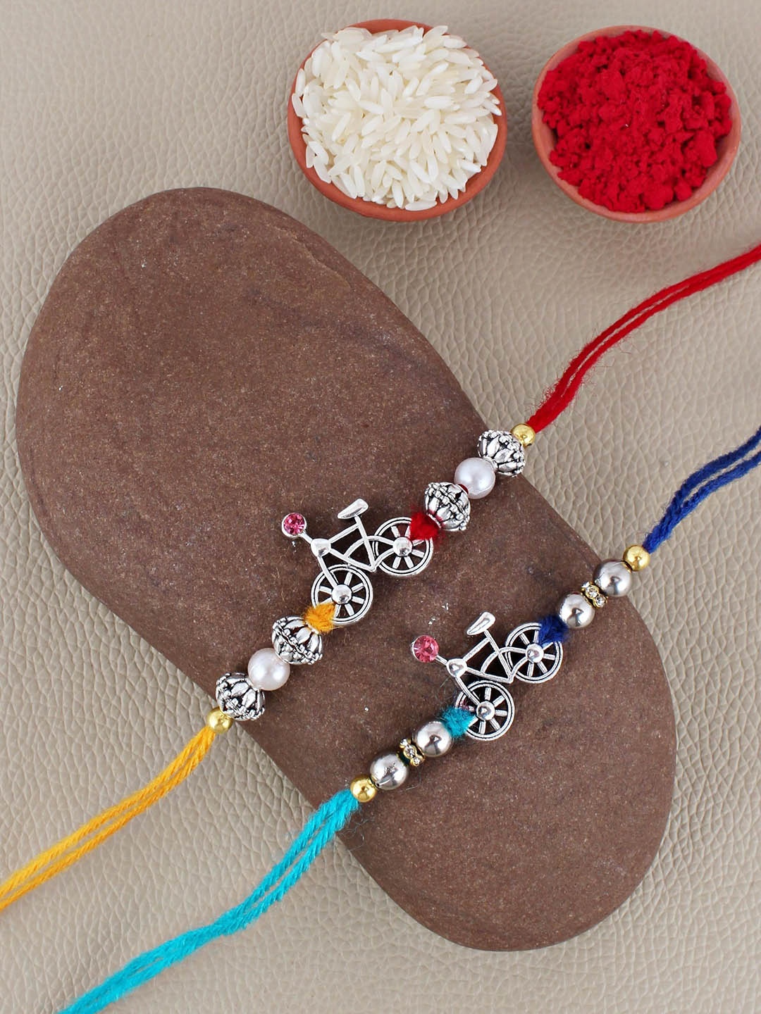 

LUCKY JEWELLERY Set Of 2 Oxidised German Silver Rakhis with Roli Chawal & Greeting Card
