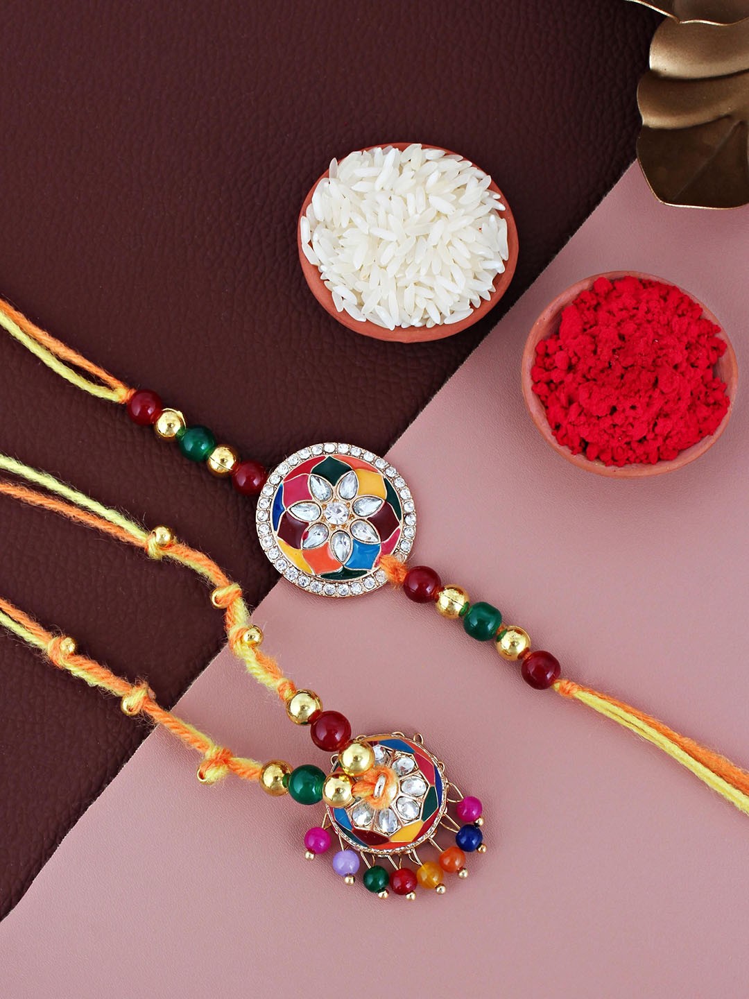 

LUCKY JEWELLERY Stone Studded & Beaded Lumba Thread Rakhis With Roli Chawal, Gold
