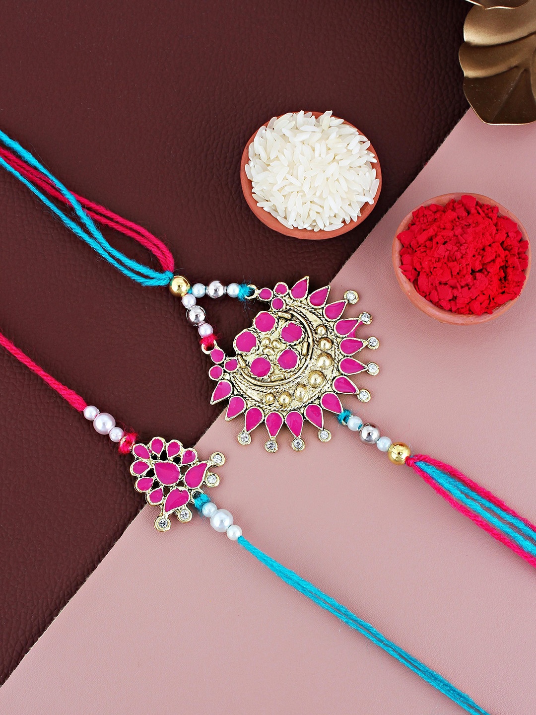 

LUCKY JEWELLERY Beaded Lumba Thread Rakhi With Roli Chawal, Magenta