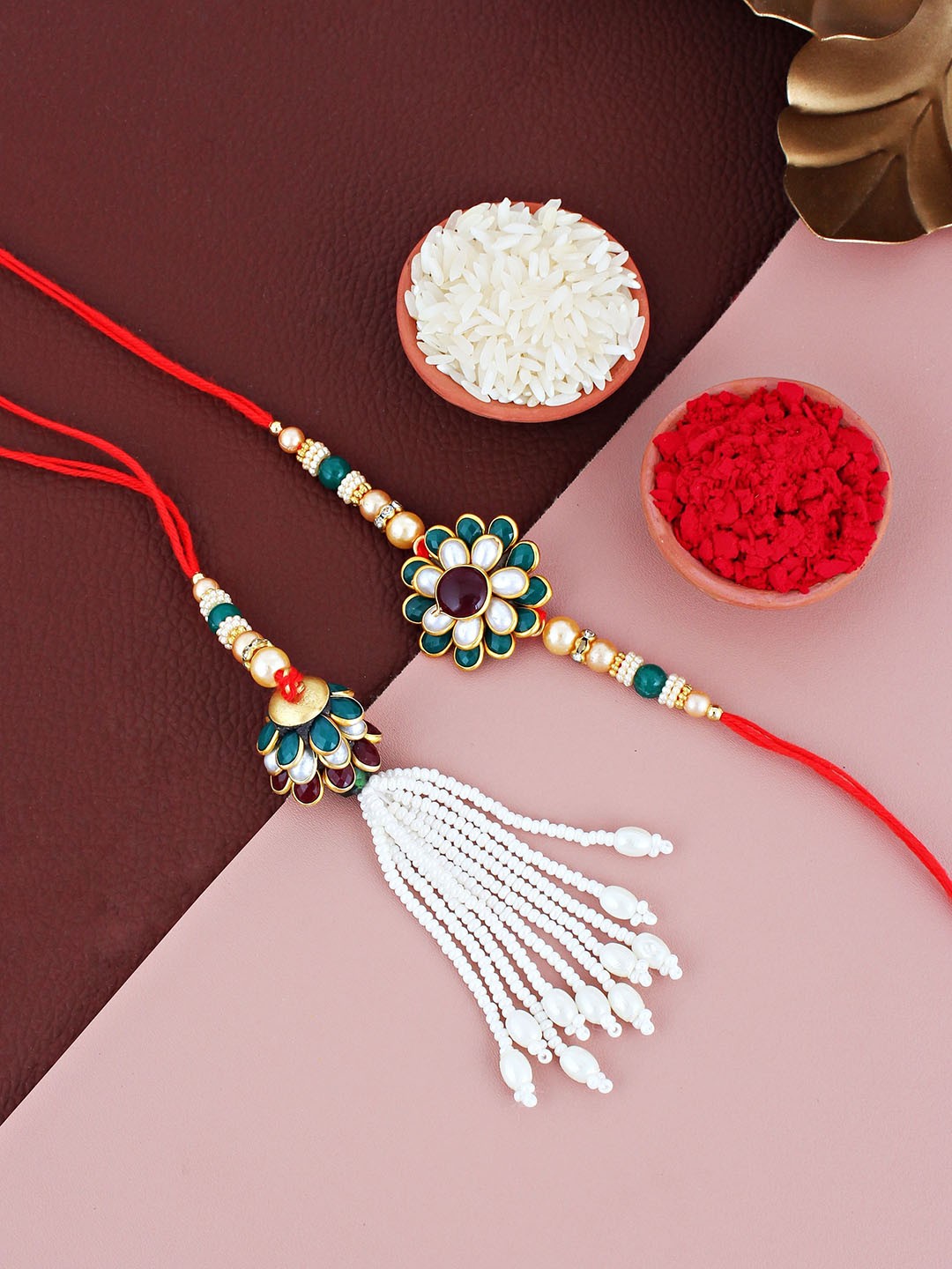 

LUCKY JEWELLERY Gold Plated Floral Lumba Thread Rakhi With Roli Chawal