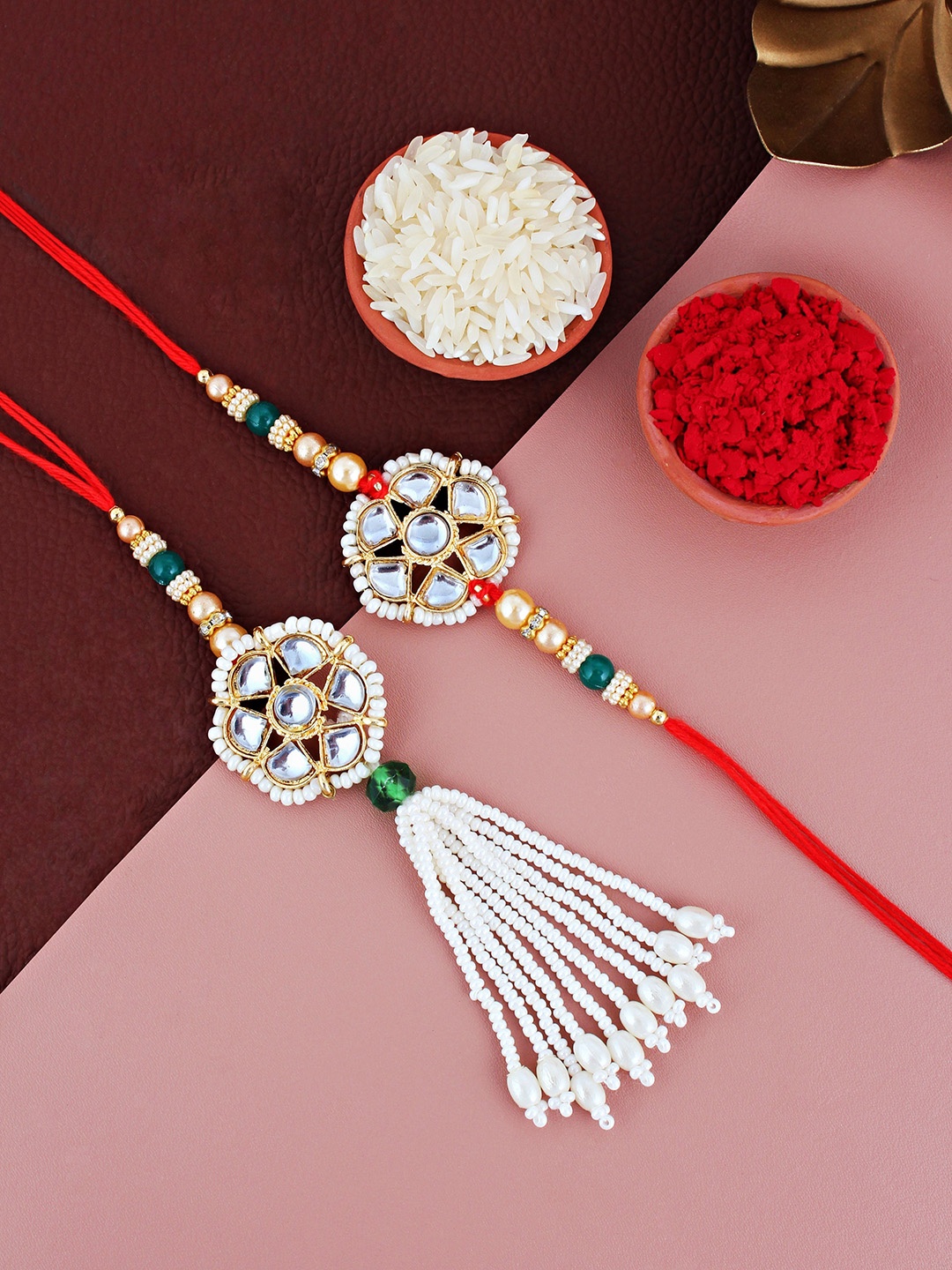 

LUCKY JEWELLERY Gold Plated Floral Beaded Lumba Thread Rakhi With Roli Chawal