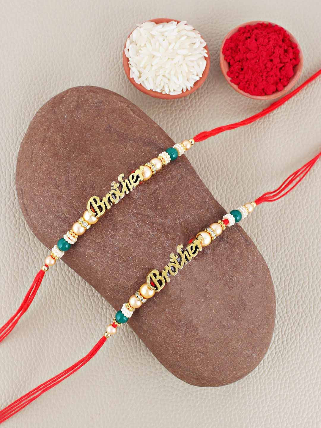 

LUCKY JEWELLERY Set Of 2 Beaded Thread Rakhis With Roli Chawal, Gold