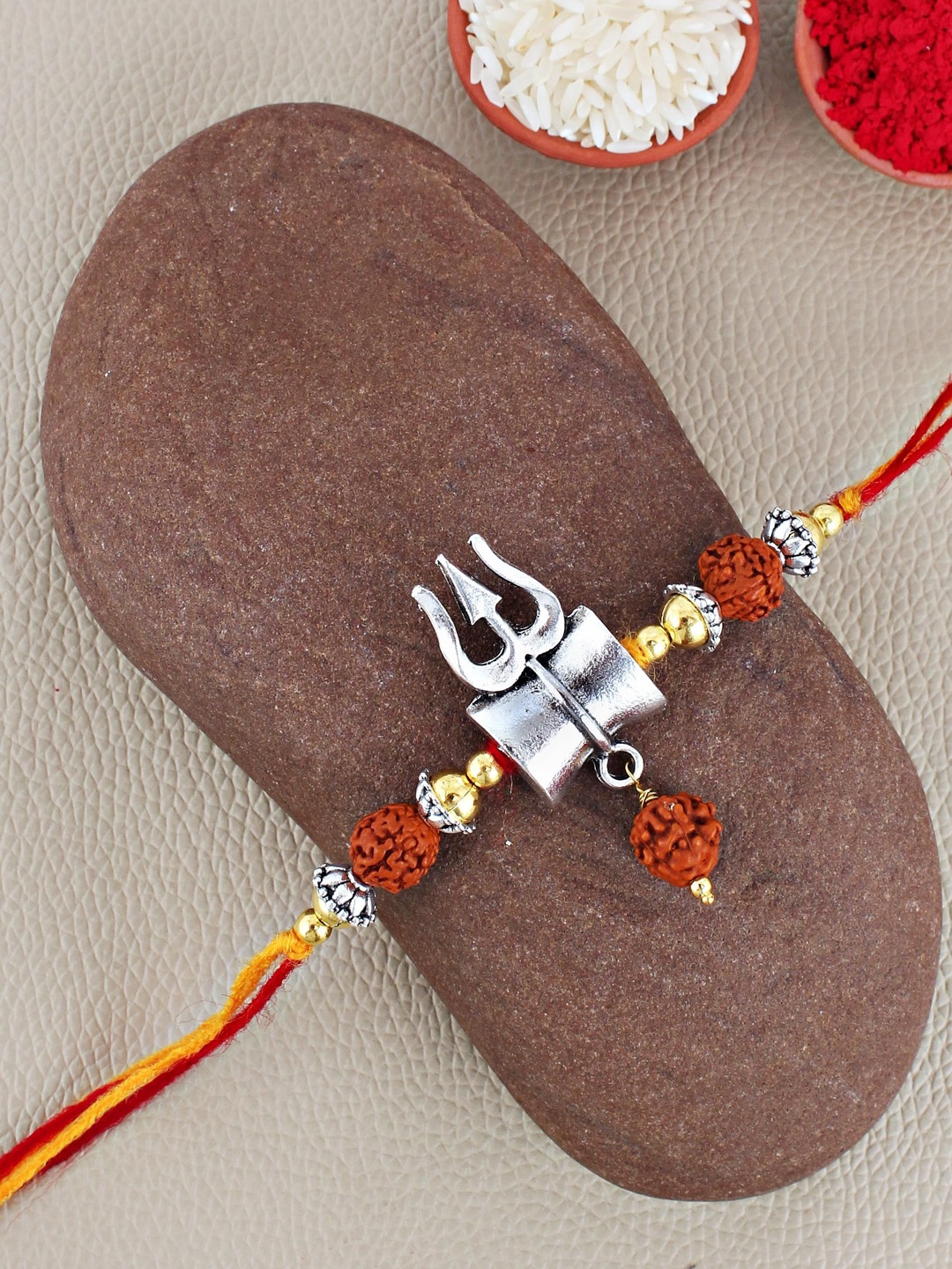 

LUCKY JEWELLERY Oxidised German Silver Shiva Rakhi With Roli Chawal & Greeting Card