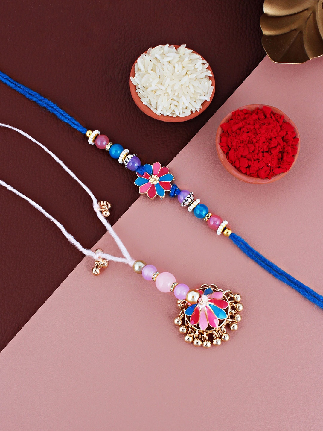 

LUCKY JEWELLERY Beaded Bhaiya Bhabhi Rakhis with Roli Chawal & Greeting Card, Gold