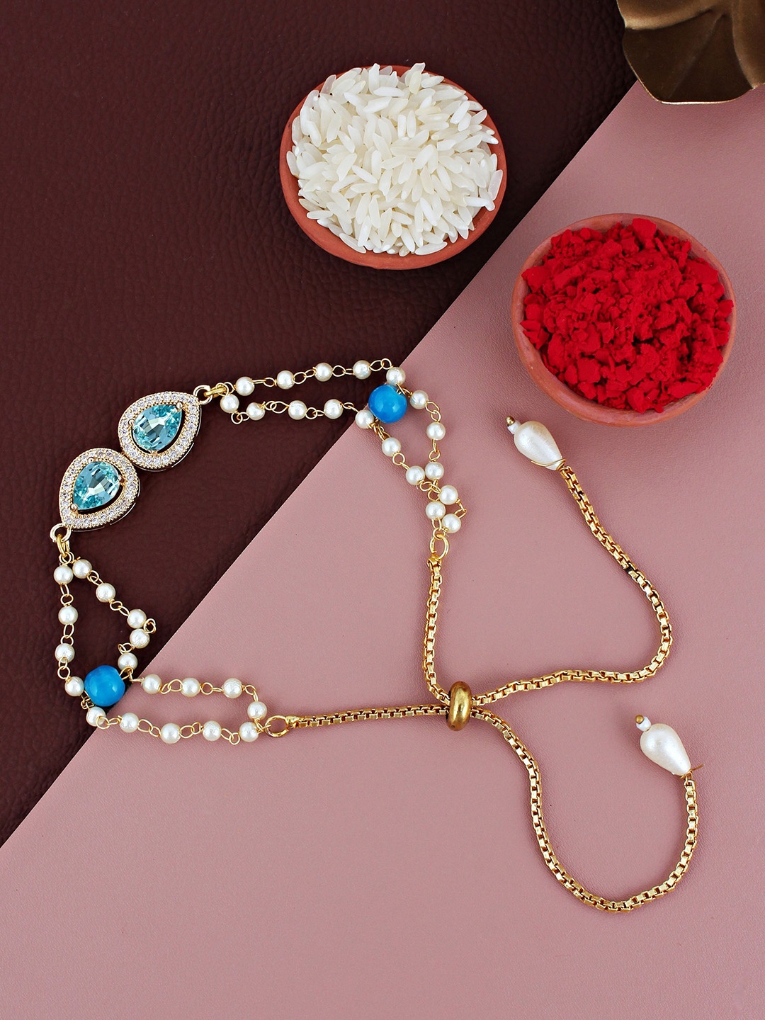 

LUCKY JEWELLERY Stone & Beaded Lumba Rakhi With Roli Chawal & Greeting Card, Gold