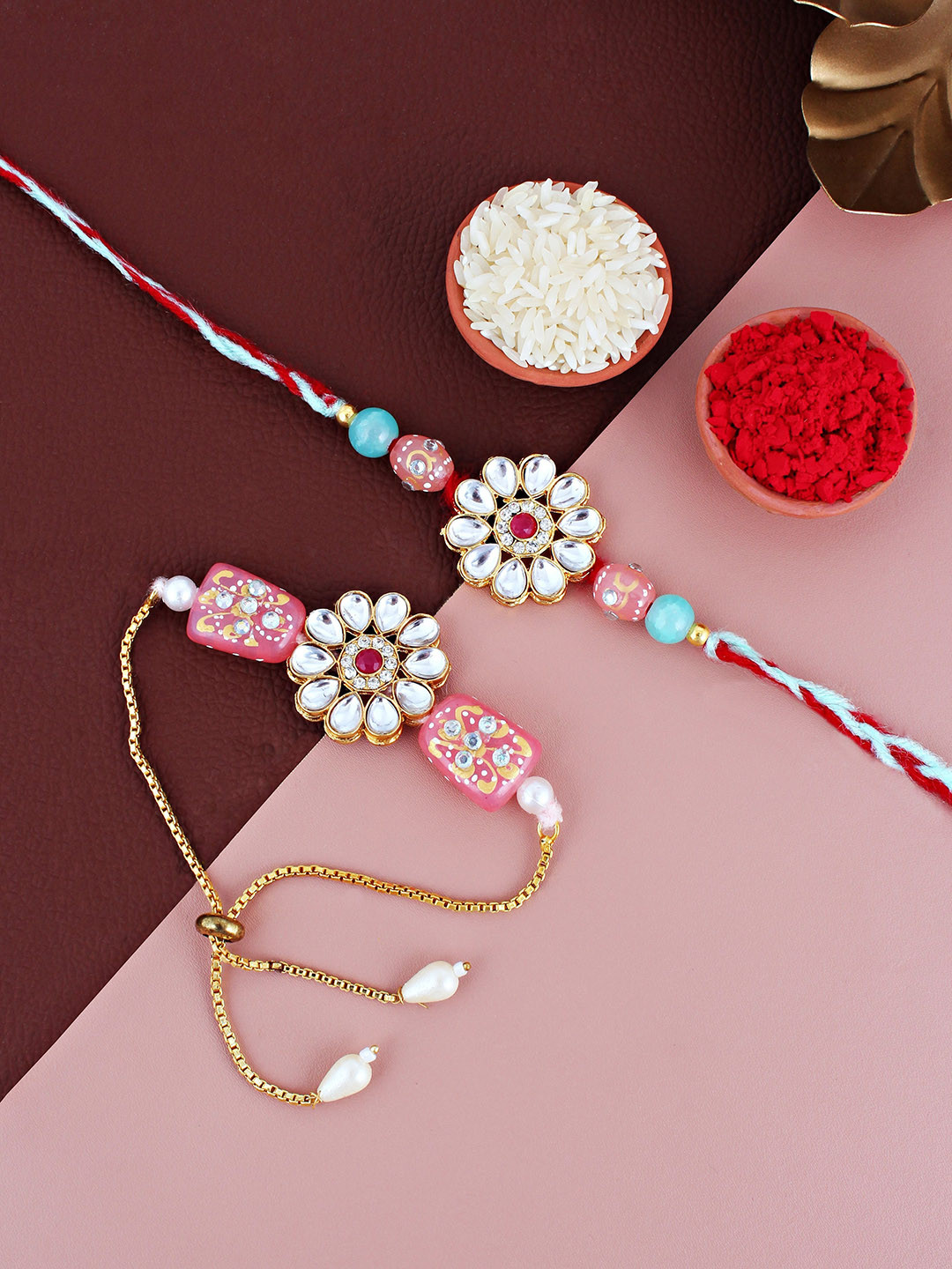 

LUCKY JEWELLERY Kundan Lumba Bhaiya Bhabhi Rakhis With Roli Chawal & Greeting Card, Gold