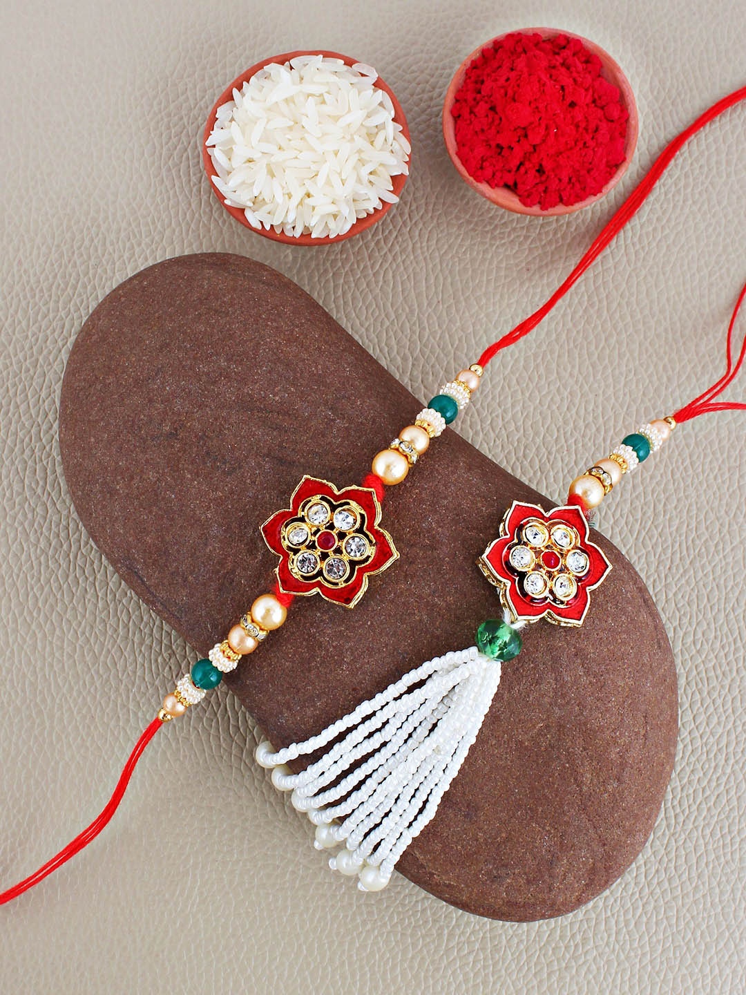 

LUCKY JEWELLERY Set Of 2 Beaded Rakhis with Roli Chawal & Greeting Card, Red