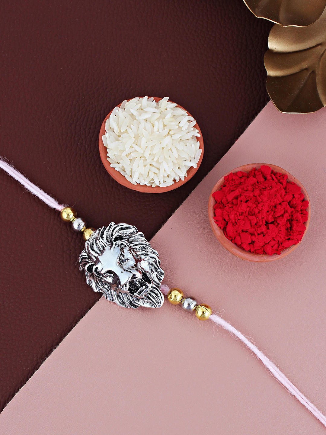 

LUCKY JEWELLERY Beaded German Silver Rakhi with Roli Chawal & Greeting Card