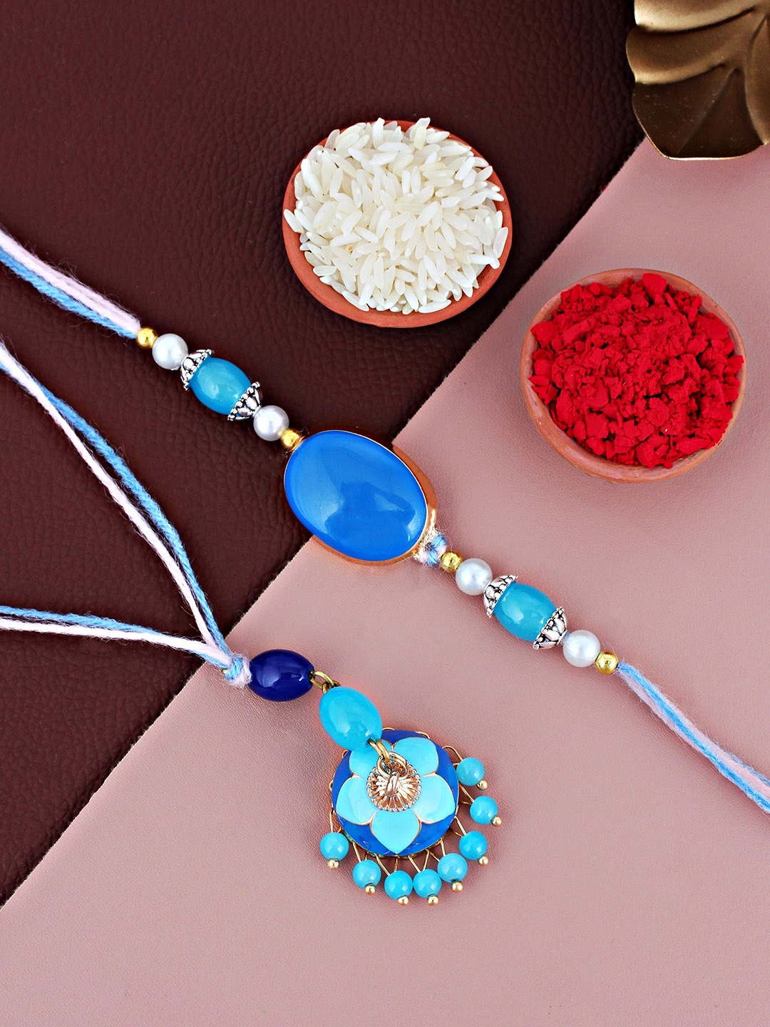 

LUCKY JEWELLERY Meenakari Lumba Bhaiya Bhabhi Rakhis With Roli Chawal & Greeting Card, Gold