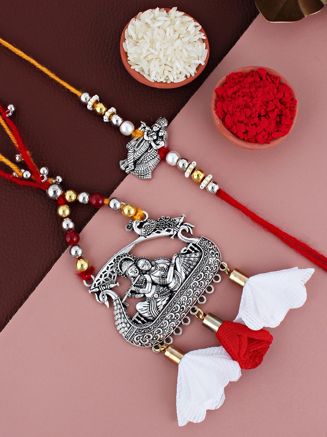 

LUCKY JEWELLERY Oxidised Lumba Bhaiya Bhabhi Rakhis With Roli Chawal & Greeting Card, Silver