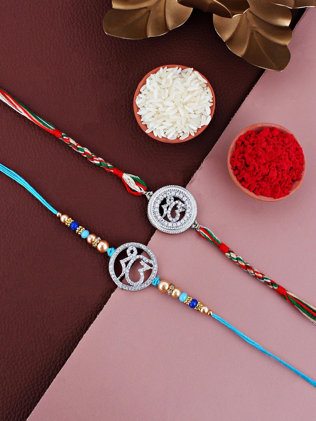 

LUCKY JEWELLERY Set Of 2 Ik Onkar Sikh Gold-Plated Rakhis With Roli Chawal & Greeting Card, Silver