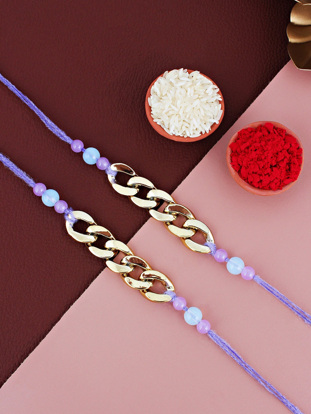 

LUCKY JEWELLERY Set Of 2 Gold Plated Chain Link Rakhi With Roli Chawal & Greeting Card
