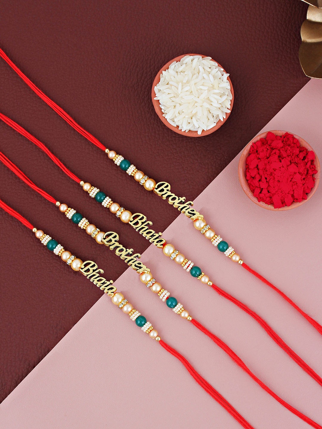 

LUCKY JEWELLERY Set Of 4 Beaded Rakhis With Roli Chawal & Greeting Card, Gold