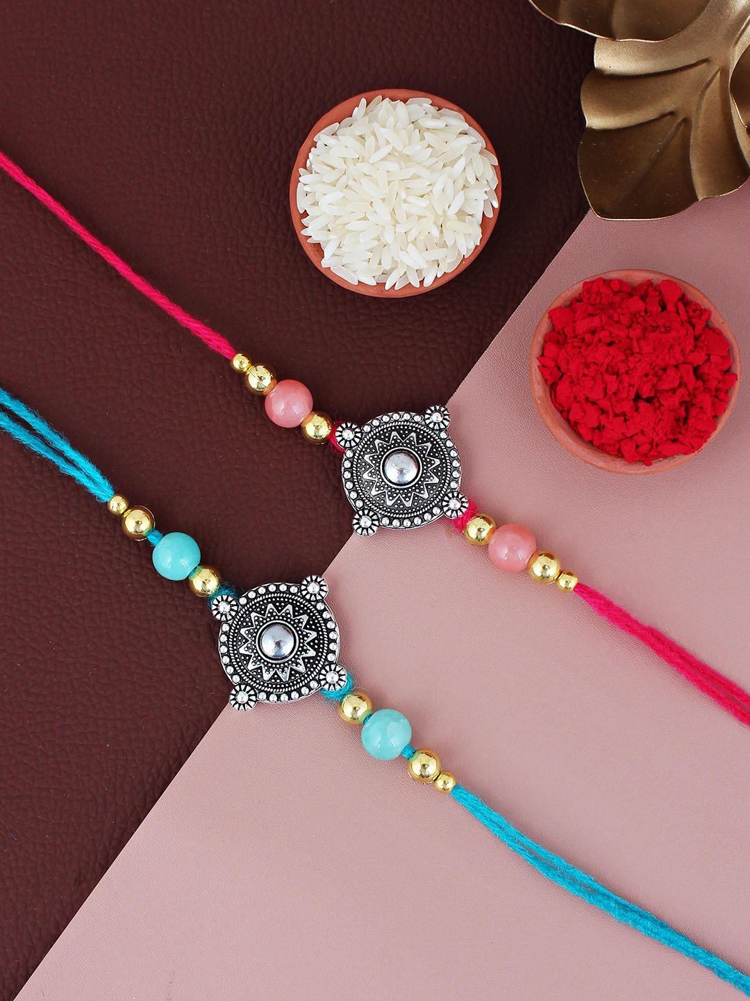 

LUCKY JEWELLERY Set Of 2 Oxidised Rakhis With Roli Chawal & Greeting Card, Silver