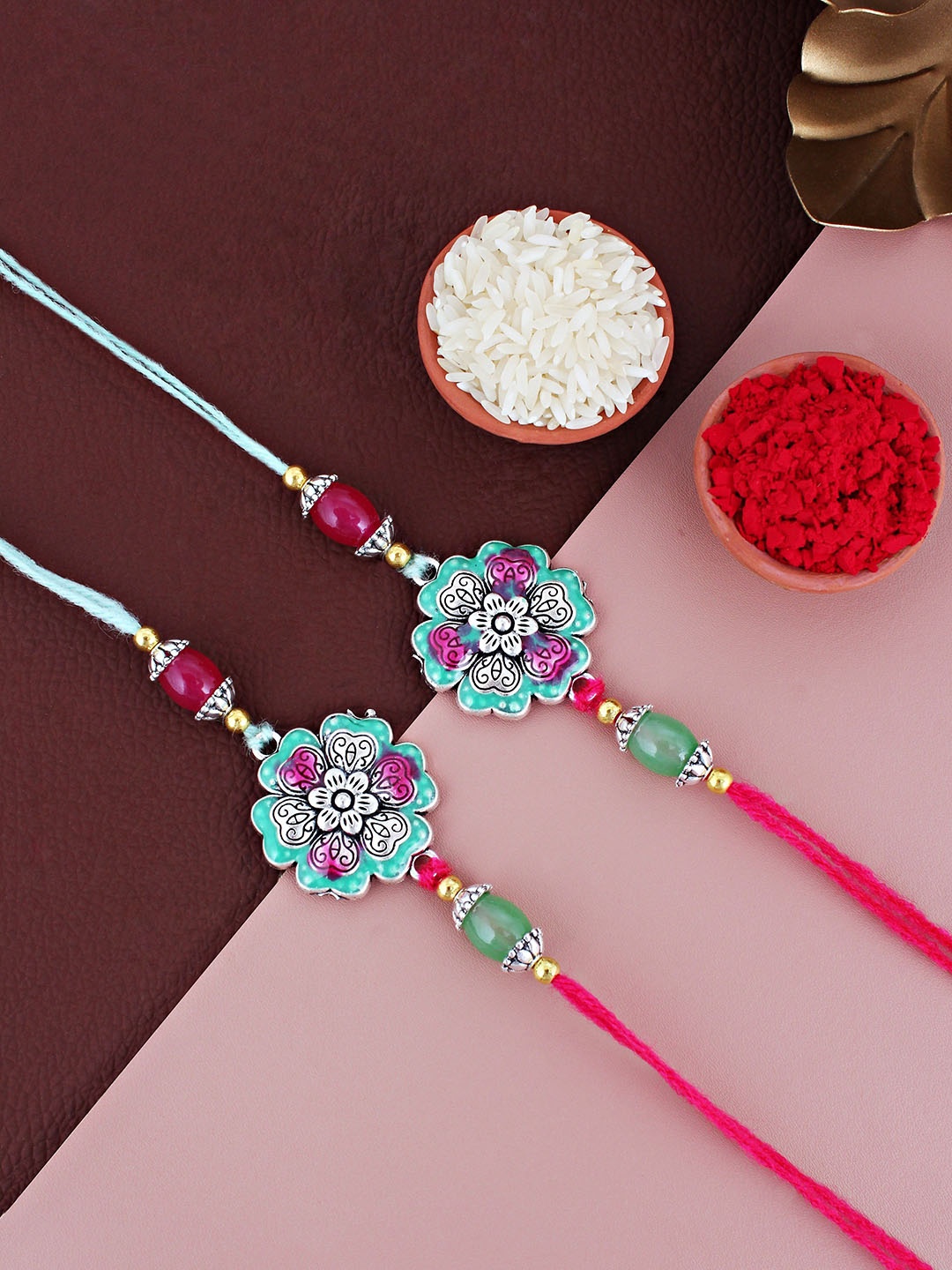 

LUCKY JEWELLERY Set Of 2 Meena Floral Rakhi With Roli & Chawal, Silver