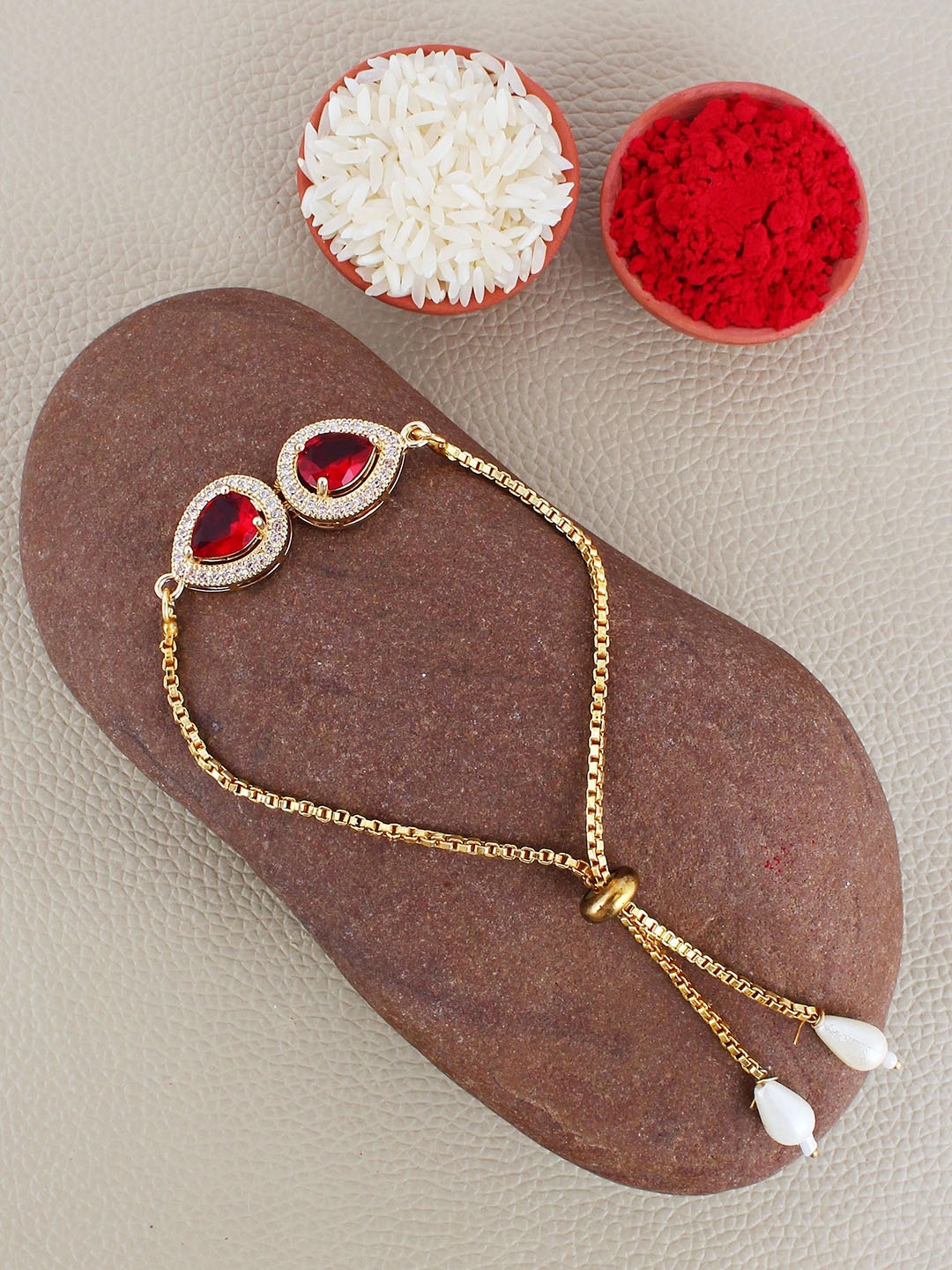 

LUCKY JEWELLERY Stone Studded Lumba Rakhi With Roli Chawal, Gold