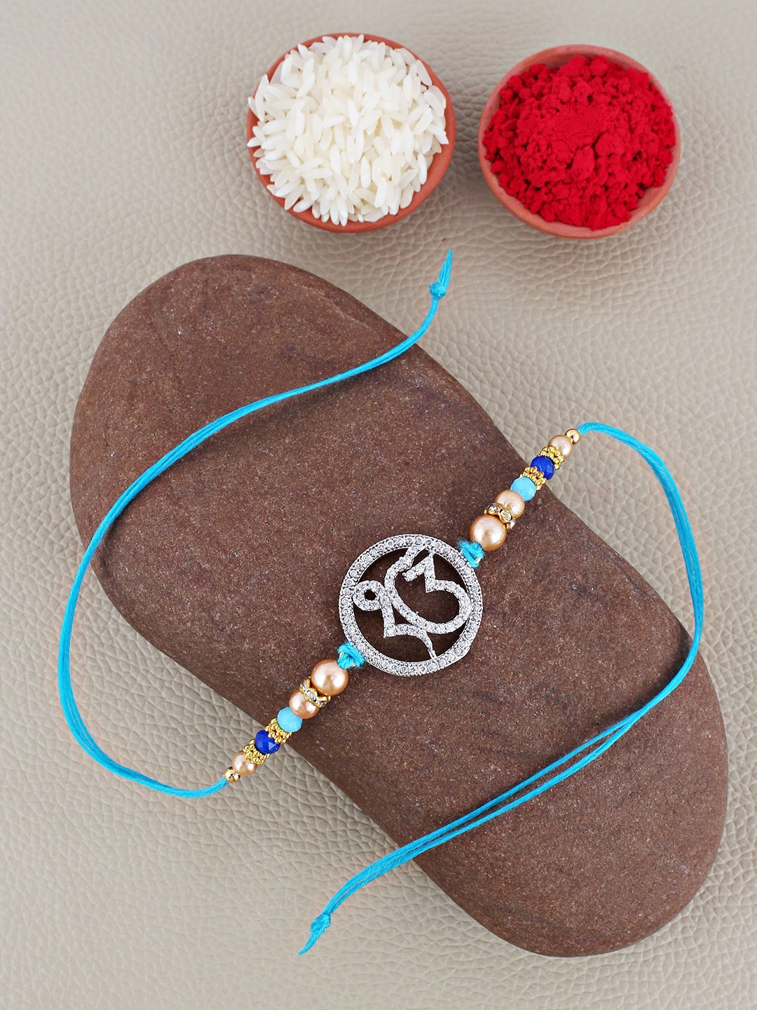 

LUCKY JEWELLERY Stone Studded Thread Rakhi With Roli Chawal, Silver