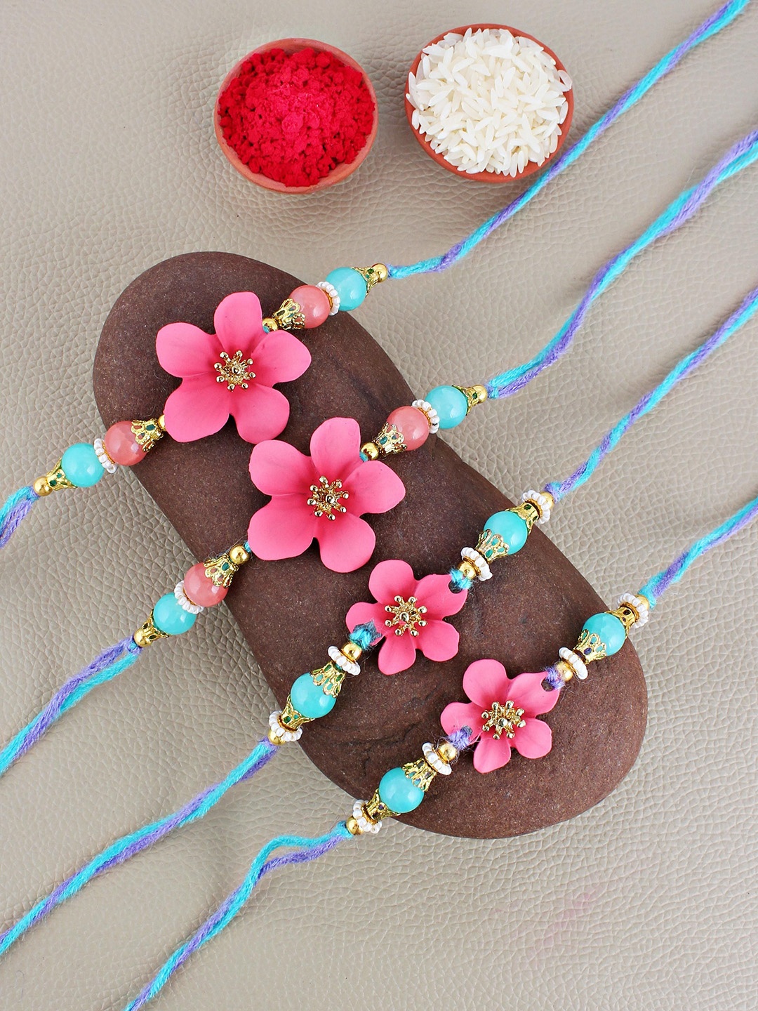 LUCKY JEWELLERY Set Of 4 Floral Rakhi With Roli & Chawal, Pink