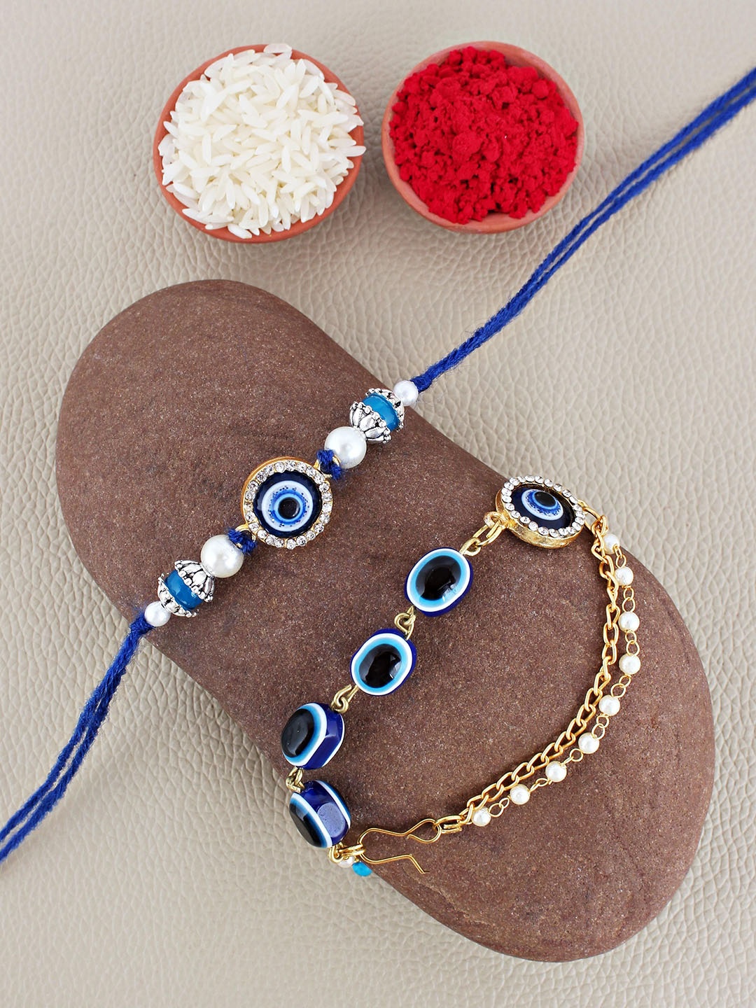 

LUCKY JEWELLERY Set of 2 Beaded Evil Eye Thread & Bracelet Rakhis With Roli Chawal, Gold