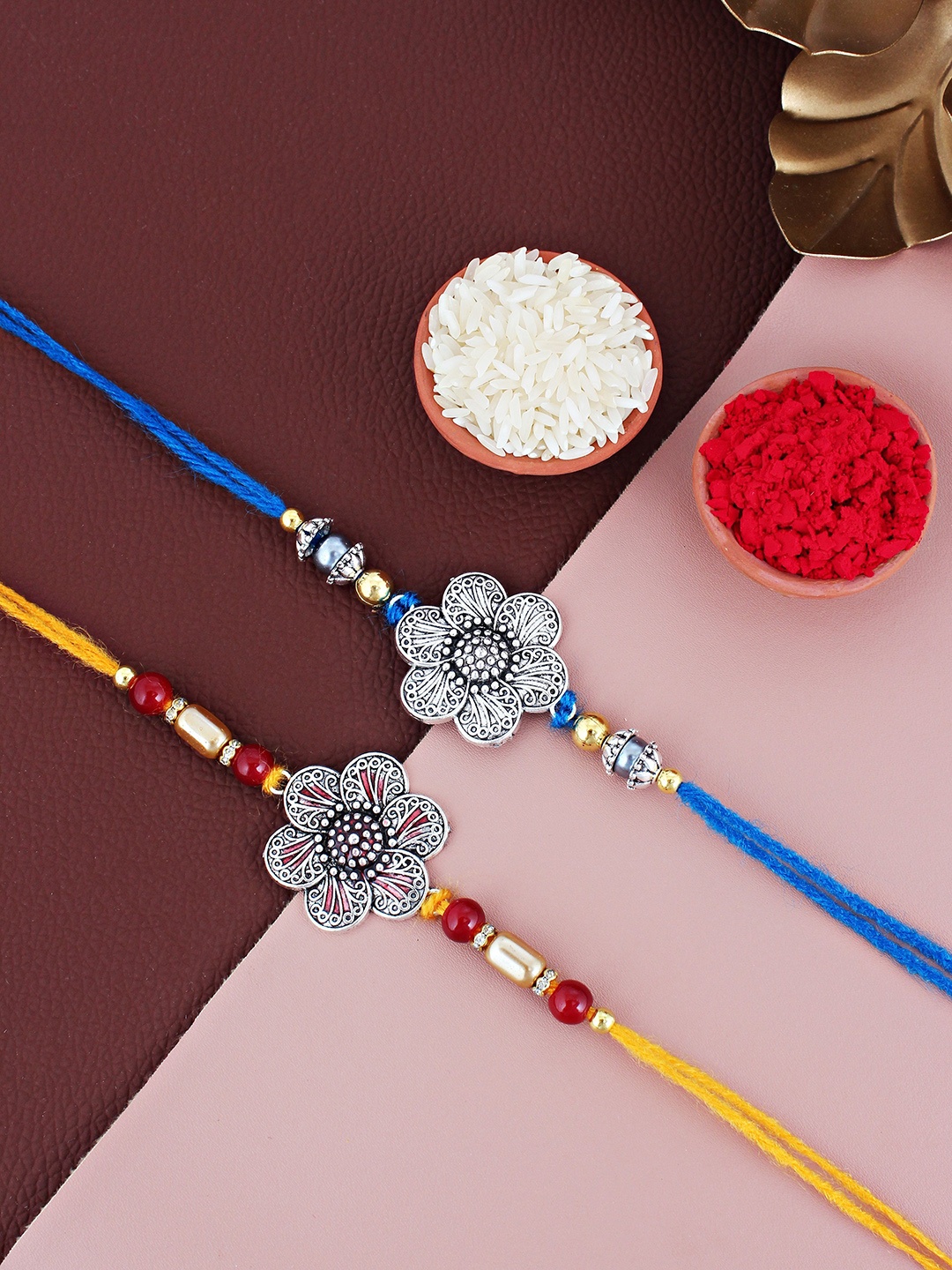 

LUCKY JEWELLERY Set Of 2 Meena Floral With Roli & Chawal, Silver