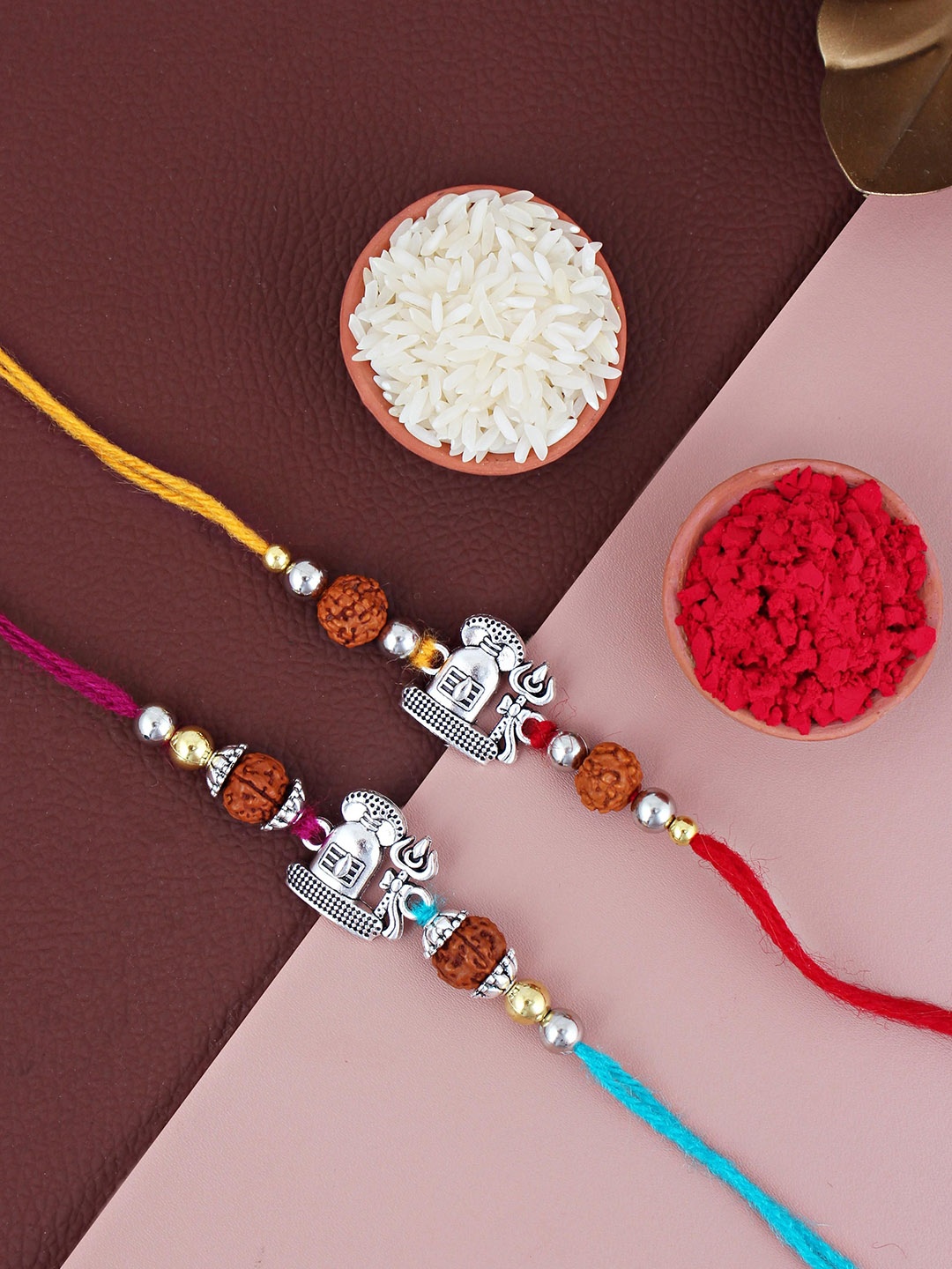 

LUCKY JEWELLERY Set Of 2 Shiva Rakhi With Roli & Chawal, Silver