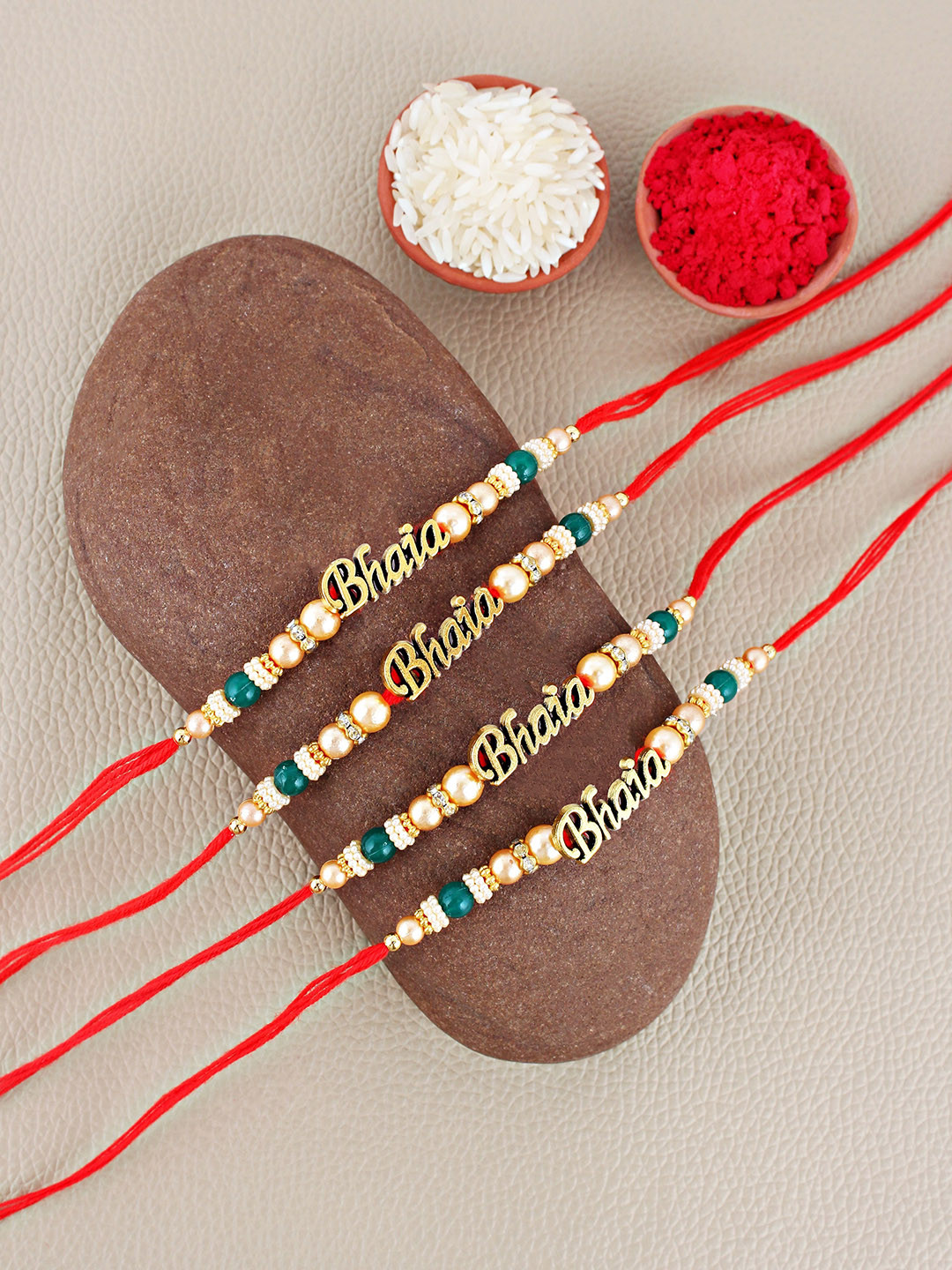 

LUCKY JEWELLERY Set Of 4 Beaded Rakhi With Roli & Chawal, Gold