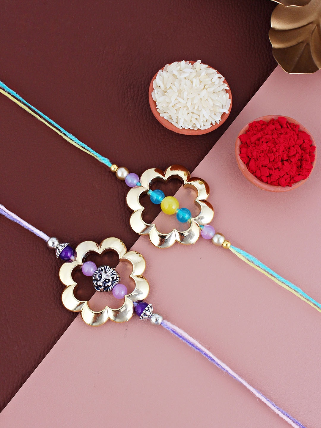 

LUCKY JEWELLERY Set Of 2 Thread Rakhis With Roli Chawal, Gold