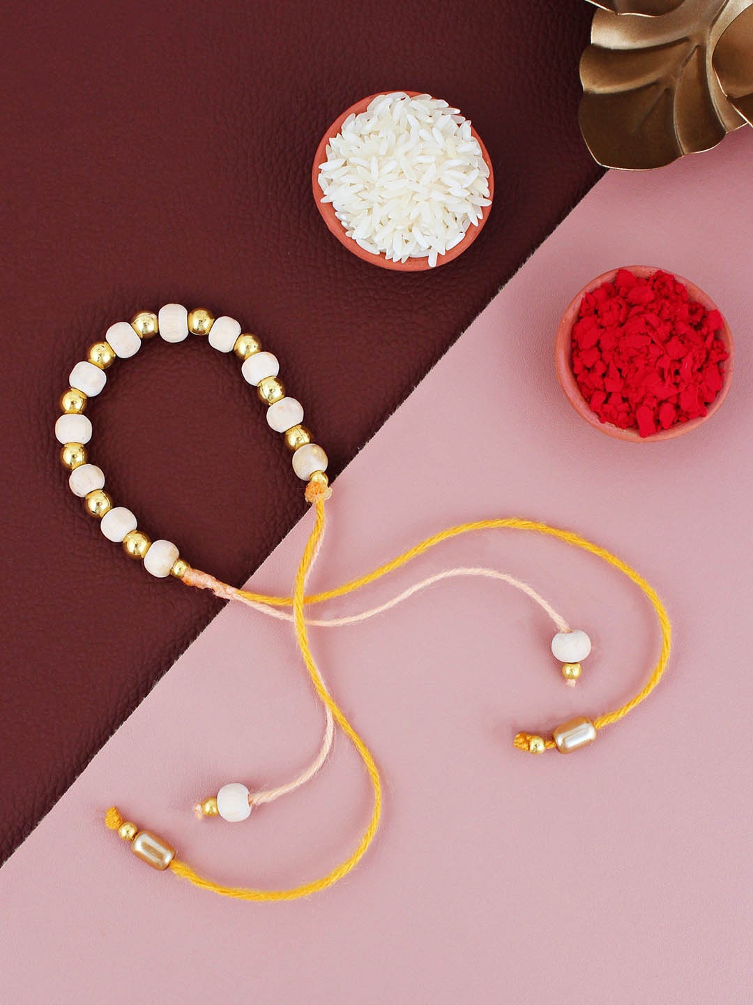 

LUCKY JEWELLERY Beaded Thread Rakhi With Roli Chawal, Gold
