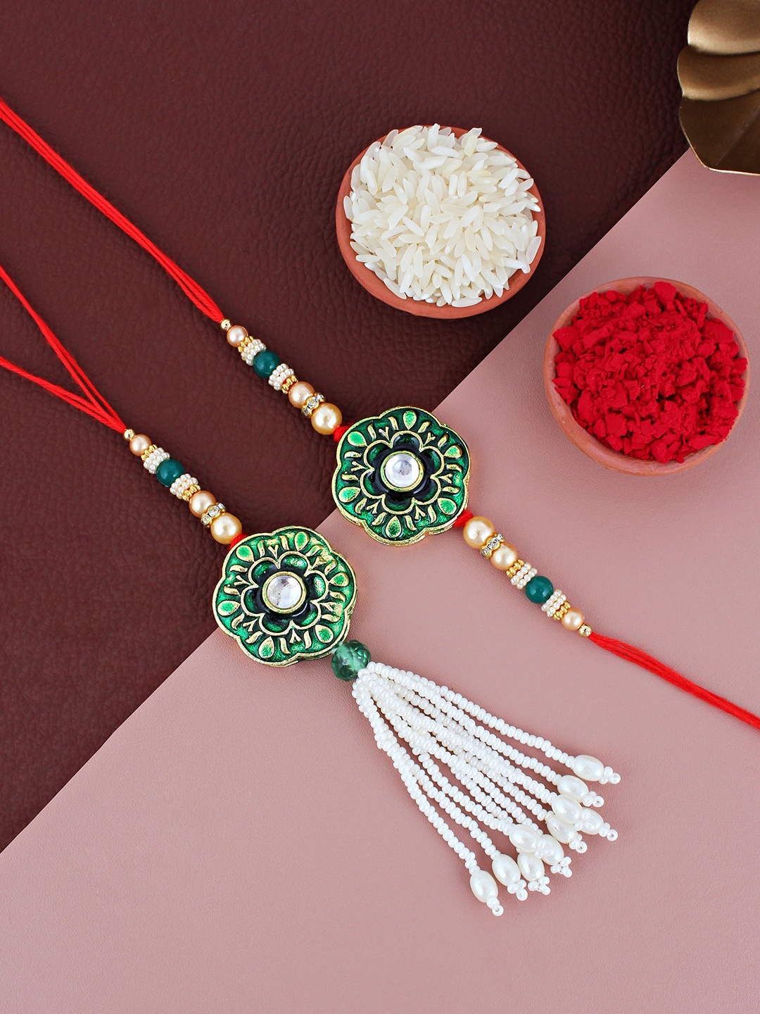 

LUCKY JEWELLERY Set Of 2 Beaded Lumba & Thread Rakhis With Roli Chawal, Gold