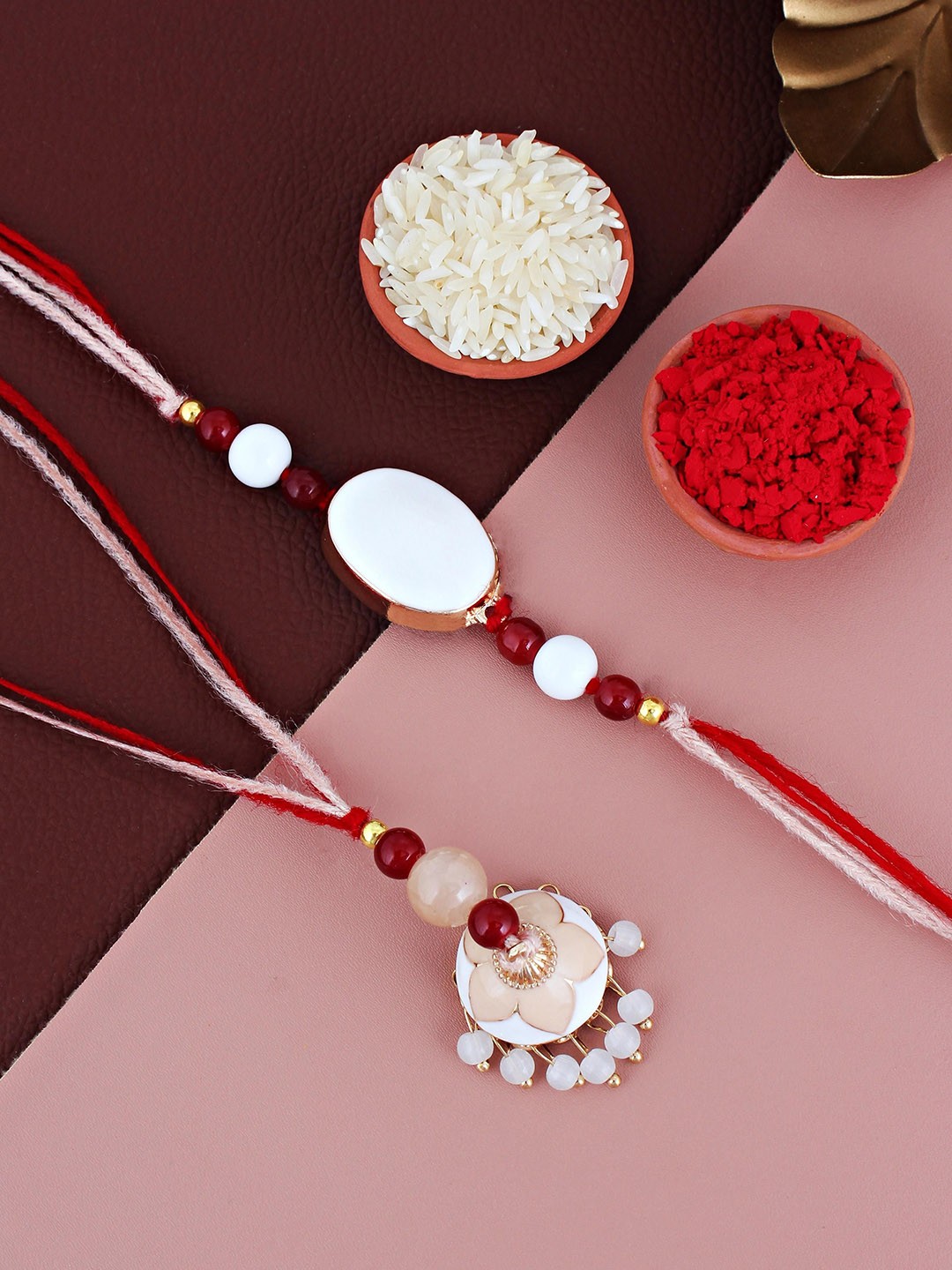 

LUCKY JEWELLERY Set Of 2 Beaded Lumba & Thread Rakhis With Roli Chawal, Gold