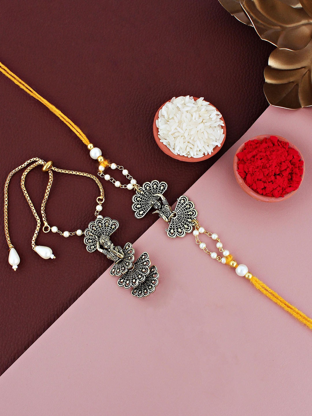 

LUCKY JEWELLERY Dancing Girl Rakhi with Lumba Bracelet With Roli & Chawal, Gold
