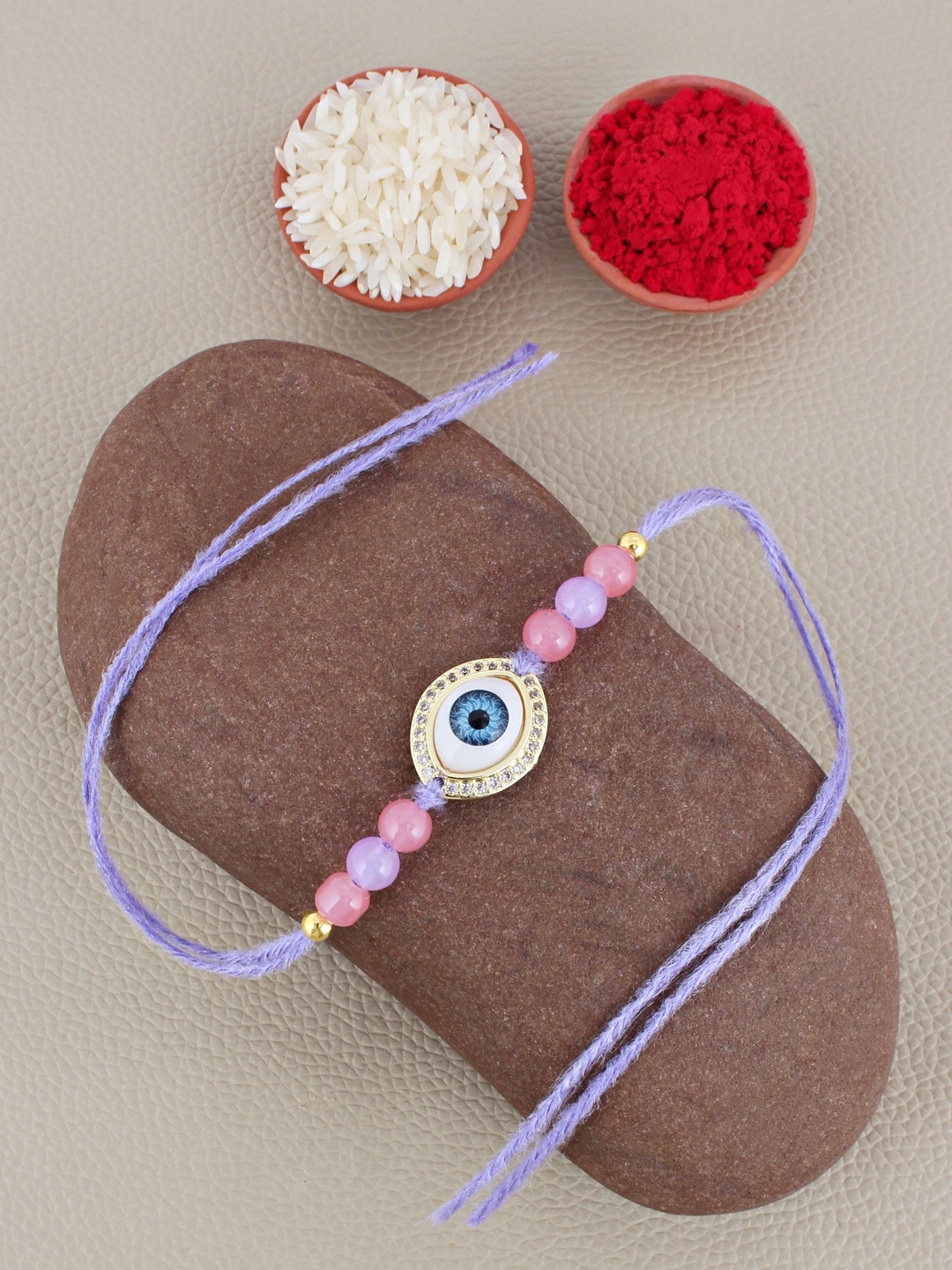 

LUCKY JEWELLERY Evil Eye Beaded Thread Rakhi With Roli Chawal, Purple