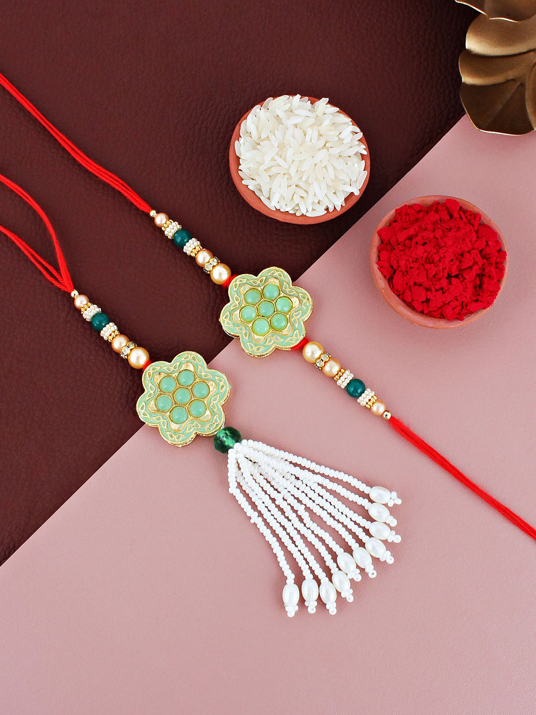 

LUCKY JEWELLERY Set Of 2 Beaded Lumba & Thread Rakhis With Roli Chawal, Gold