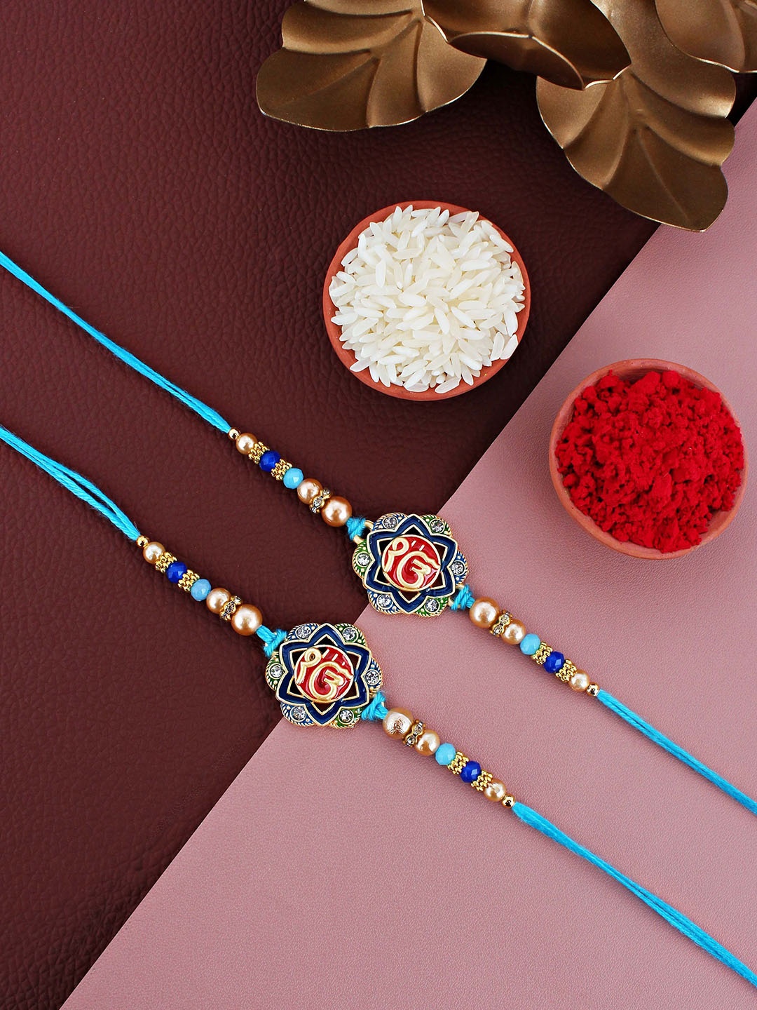 

LUCKY JEWELLERY Set Of 2 Religious Rakhi Ik Onkar Sikh Bracelet, Gold