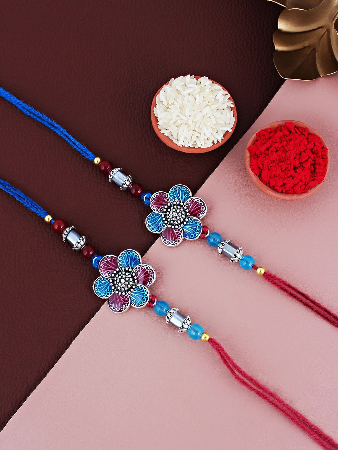 

LUCKY JEWELLERY Set Of 2 Oxidised German Silver Thread Rakhis With Roli Chawal