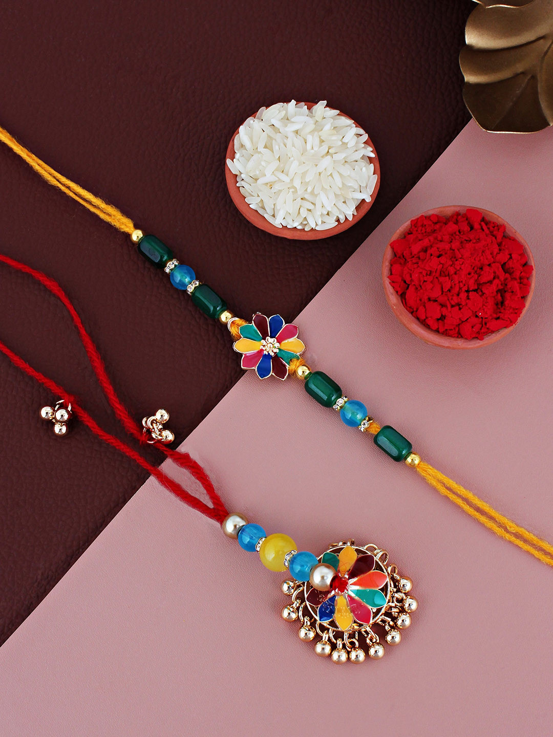 

LUCKY JEWELLERY Set Of 2 Beaded Lumba & Thread Rakhis With Roli Chawal, Gold