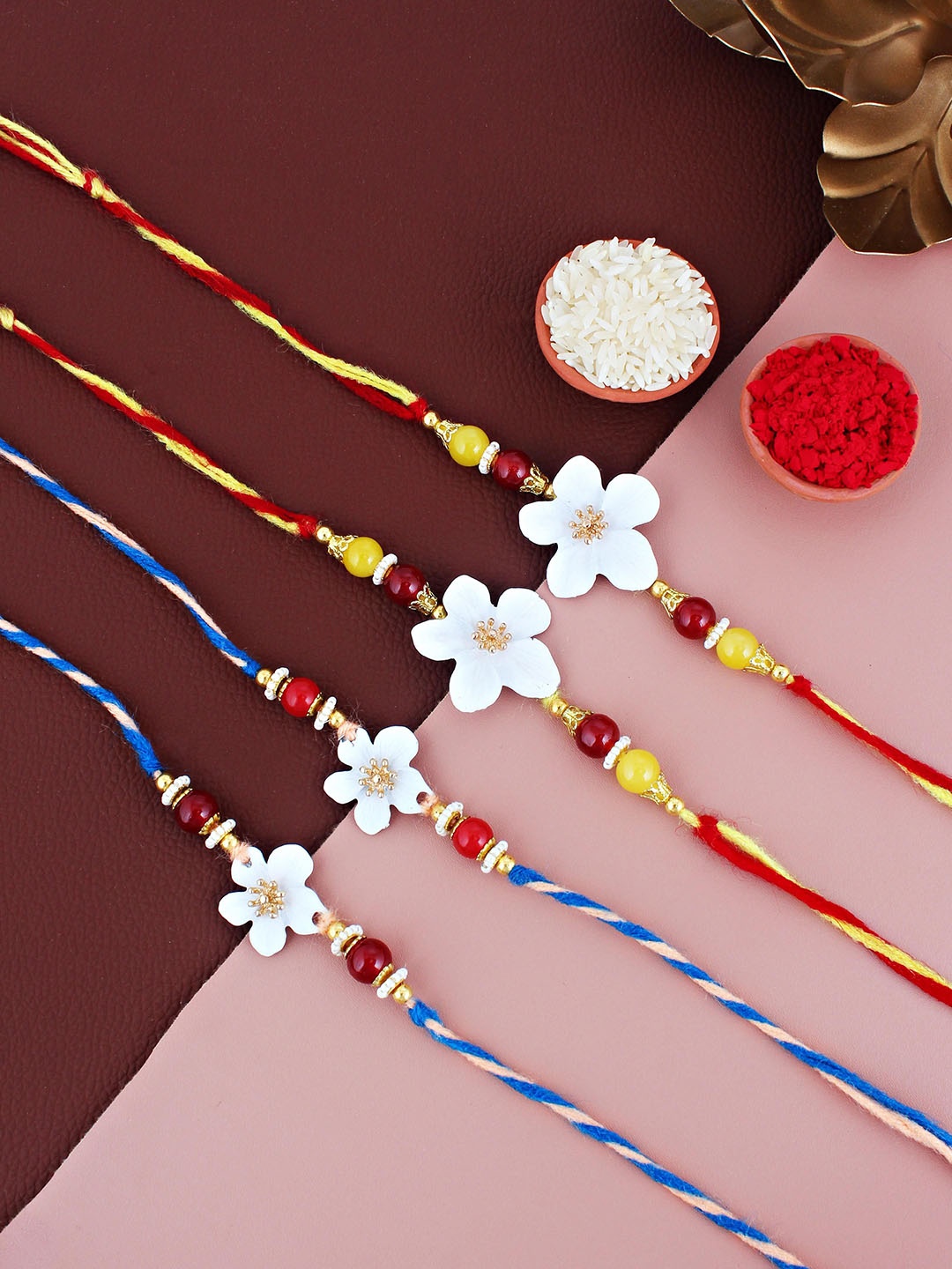 

LUCKY JEWELLERY Set Of 4 Floral Rakhi Gift Set, White