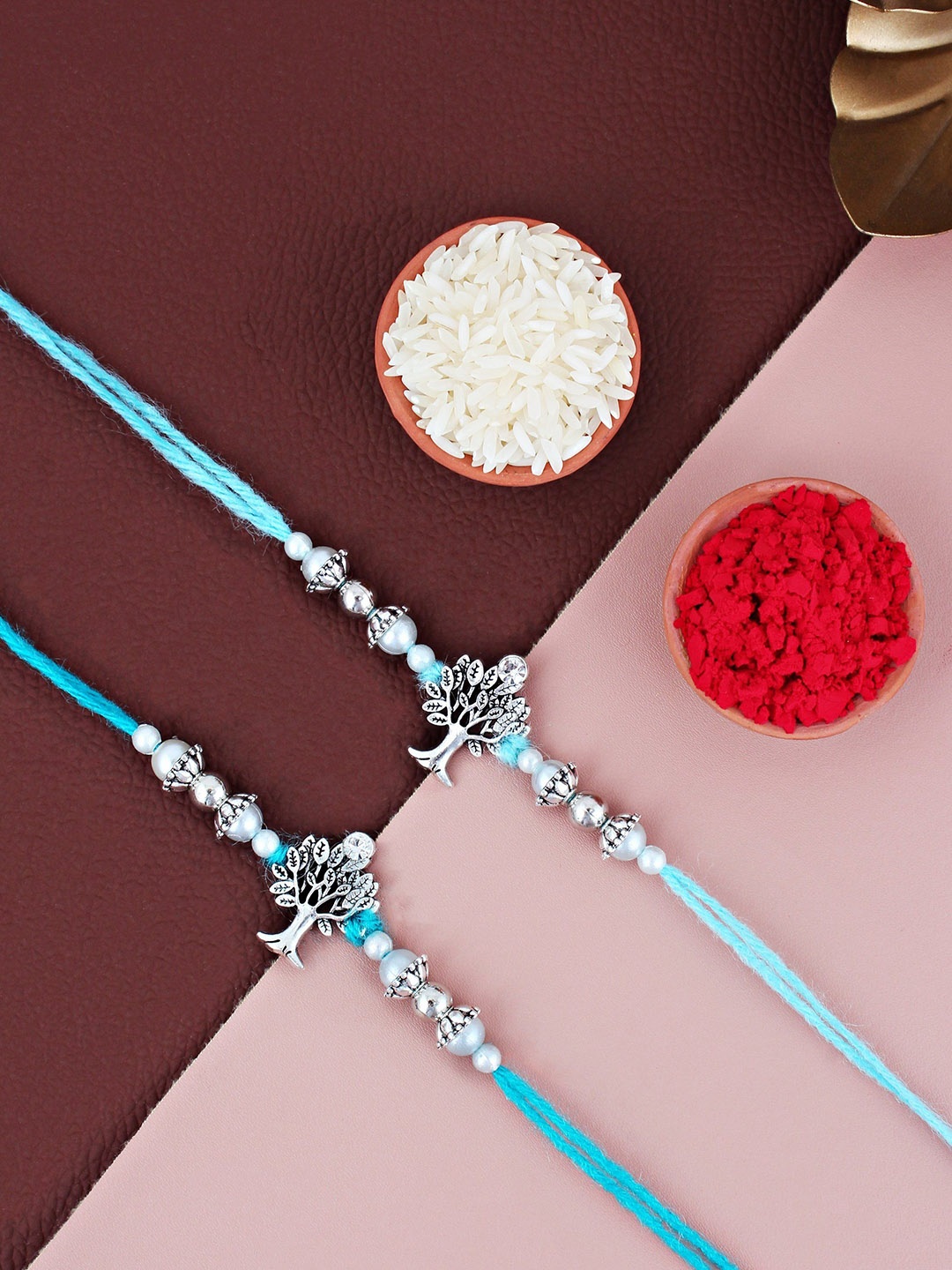 

LUCKY JEWELLERY Set Of 2 Oxidised German Silver Thread Rakhis With Roli Chawal, Turquoise blue