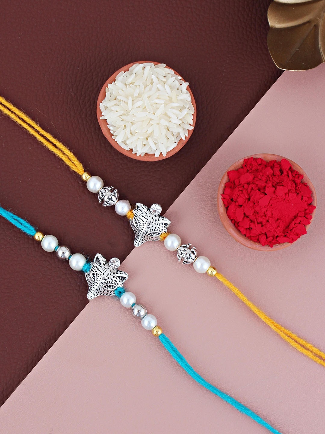 

LUCKY JEWELLERY Set Of 2 Oxidised German Silver Thread Rakhis With Roli Chawal, Turquoise blue