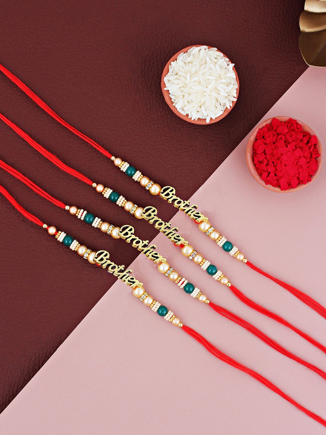 

LUCKY JEWELLERY Set Of 4 Beaded Rakhis With Roli Chawal & Greeting Card, Gold