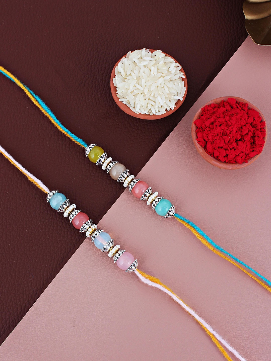 

LUCKY JEWELLERY Set Of 2 Beaded Rakhis With Roli Chawal & Greeting Card, Pink