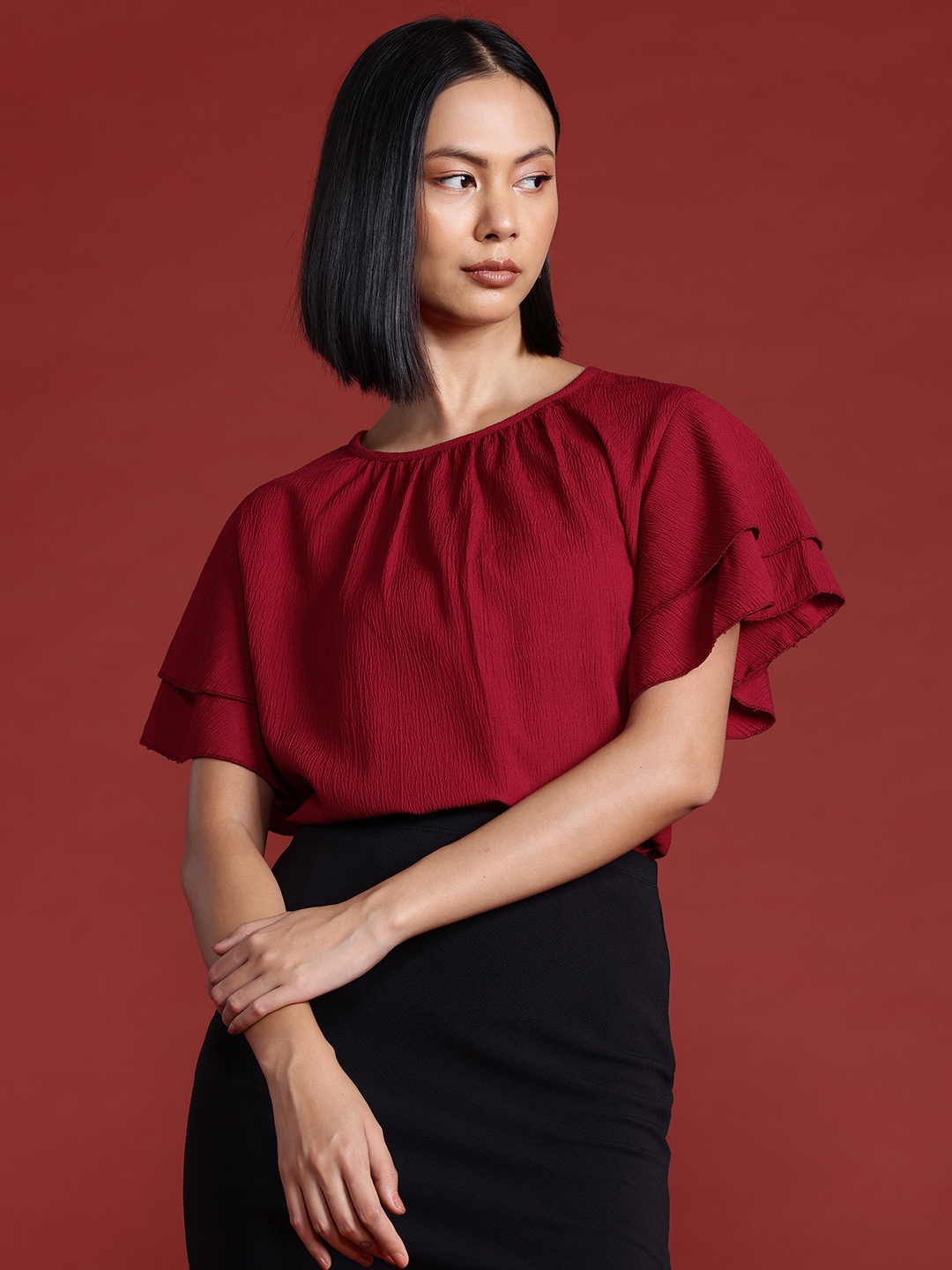 

All About You Formals Flutter Sleeve Top, Maroon
