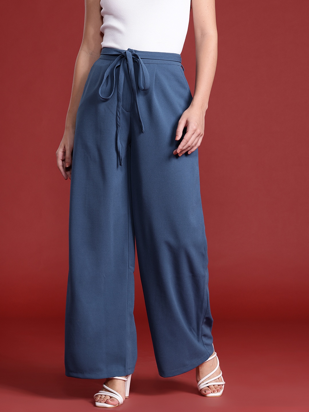 

all about you Women Pleated Wide Leg Trousers with Fabric Belt, Blue