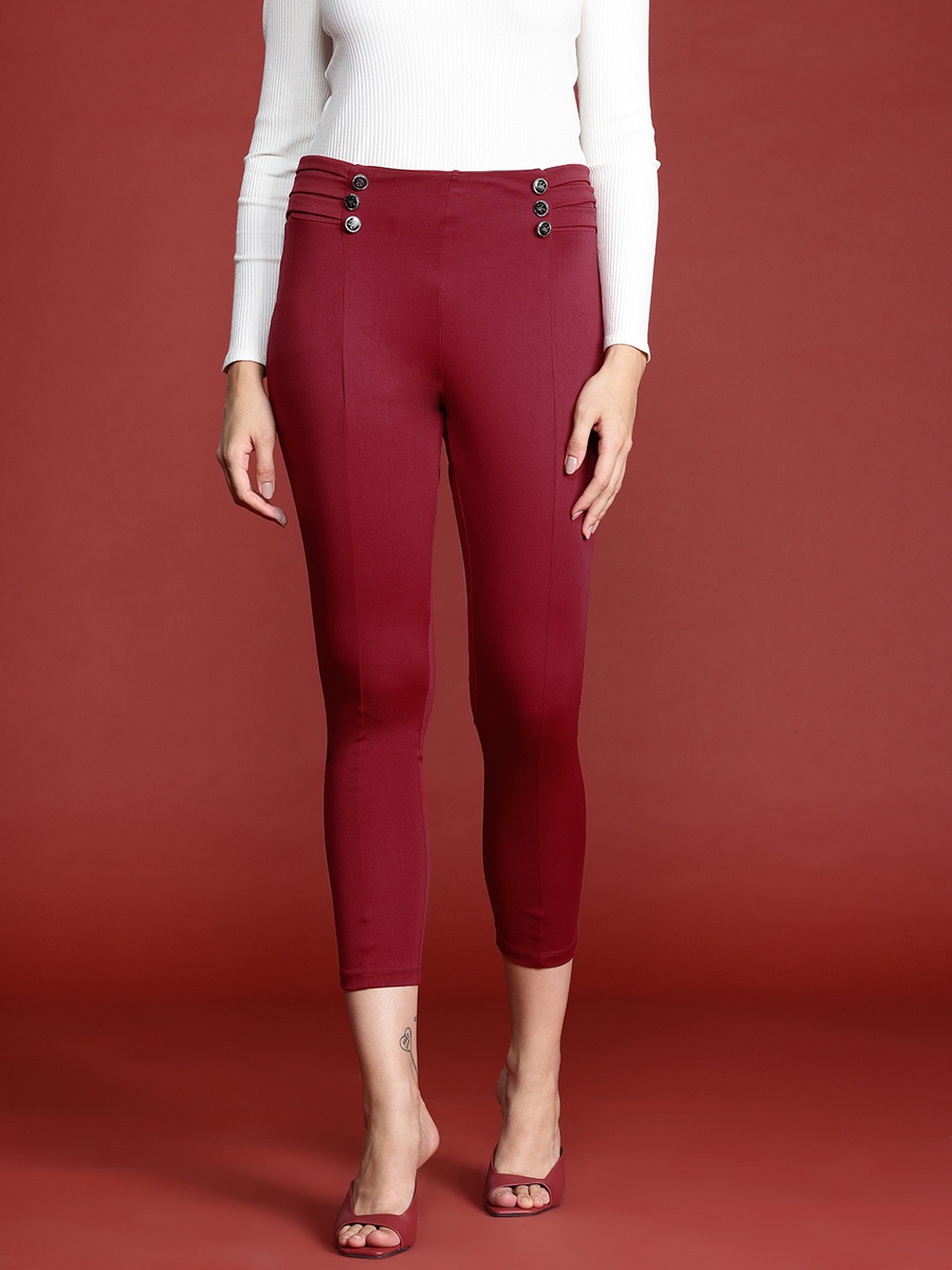 

all about you Women Skinny Fit Cropped Treggings, Maroon