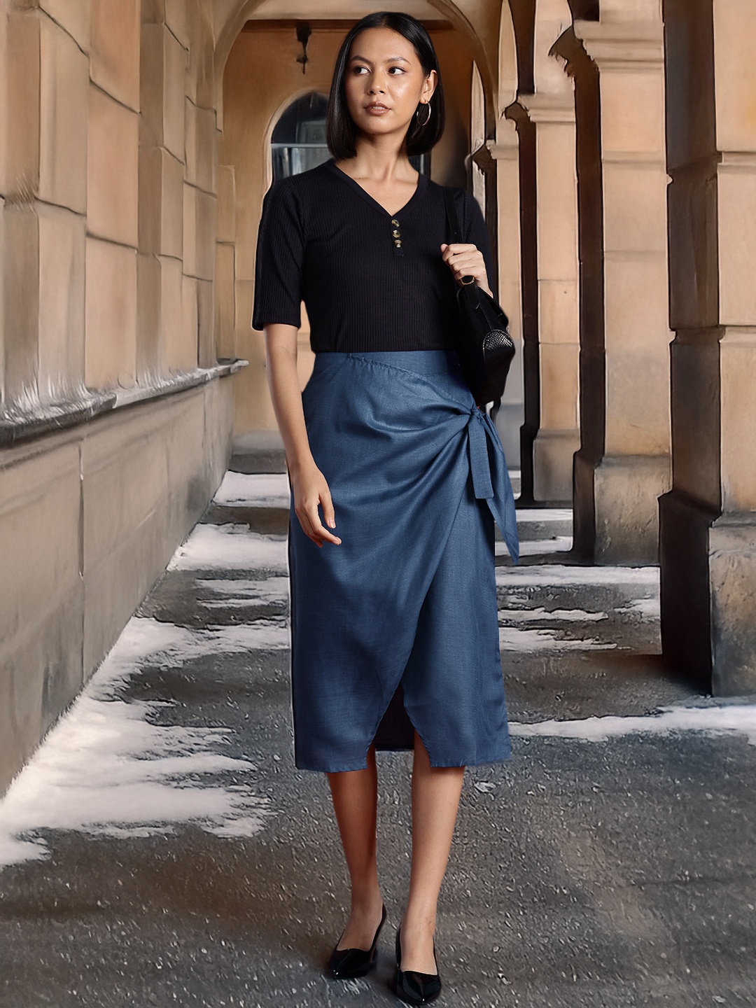 

all about you Wrap Tie-Up A-Line Skirt, Navy blue